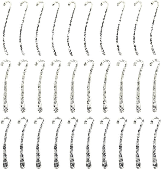 30 Pack Metal Bookmark, Silver Metal Bookmark Hairpin Hook Antique Tibetan Silver Carved Hook Bookmarks with Loop for Crafting