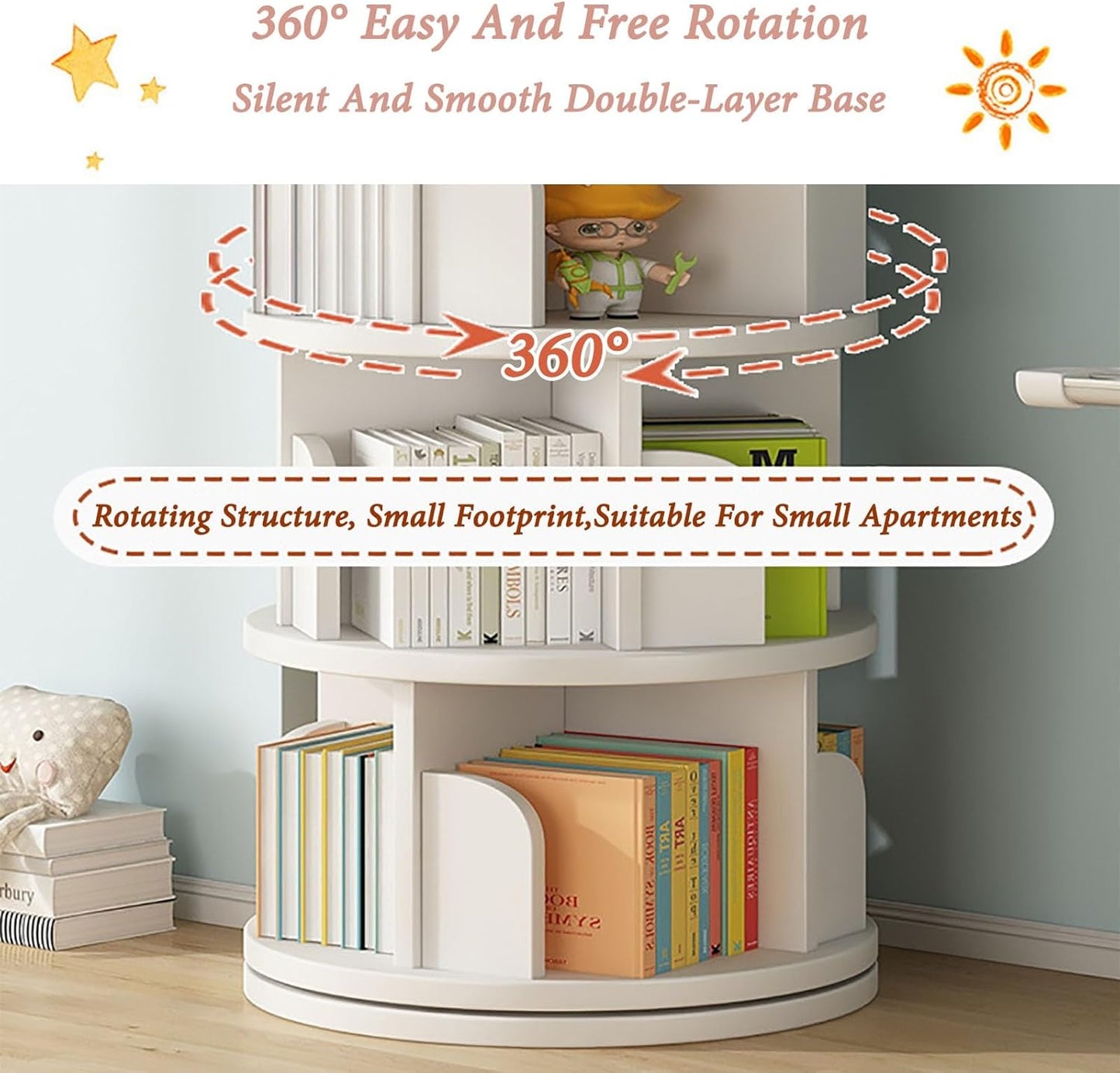 ELZEM Rotating Bookshelf 5 Tier 360° Revolving Bookcase Corner Round Bookcase White Spinning Book Shelf Stackable Bookshelf Organizer Display Cabinet for Office Home Living Room