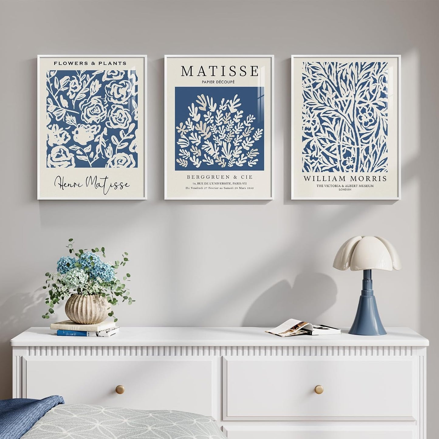 Framed Blue Matisse Wall Art for Room Decor, 3 Piece Botanical Artwork for Walls, Vintage Blue and White Plant Canvas Print, William Morris Painting Picture for Bedroom Living Room Hallway, 12x16 Inch