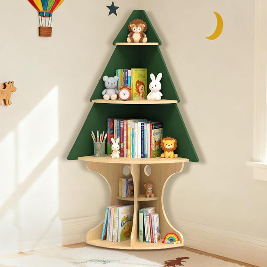 Bookshelf for Kids, Children Tree-Bookshelf, Space-Saving Montessori Toddler Corner Bookcase for Nursery, Kindergarten, Kids Rooms