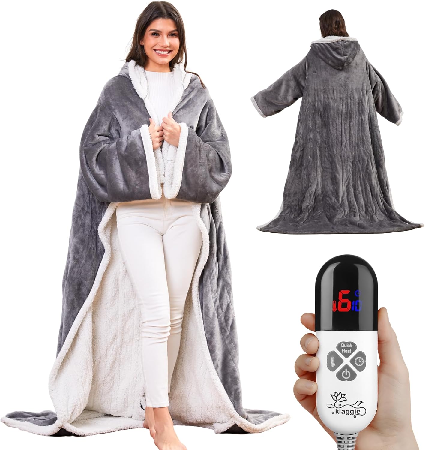 Wearable Heated Blanket with Foot Pocket Sleeves, Heated Robe Heated Snuggie, 6 Heating Levels 4 Hours Auto-Off, Overheat Protection Machine Washable, 50”x70”, Grey