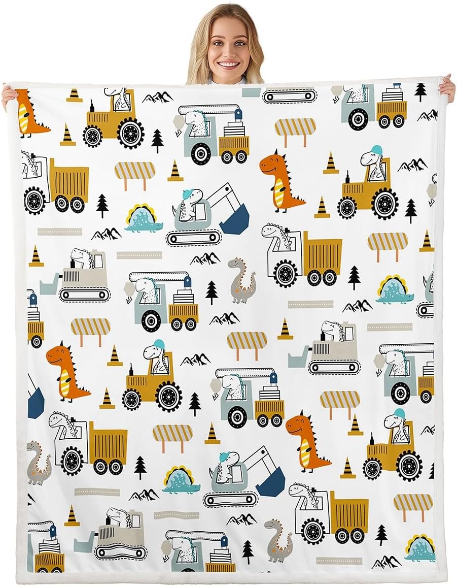 Construction Sherpa Twin 60"x80" Equipment Trucks Fleece Throw Blanket for Kids Boys Girls Decor Dinosaur Plush Blanket 3D Digital Print Yellow Fuzzy Bedroom