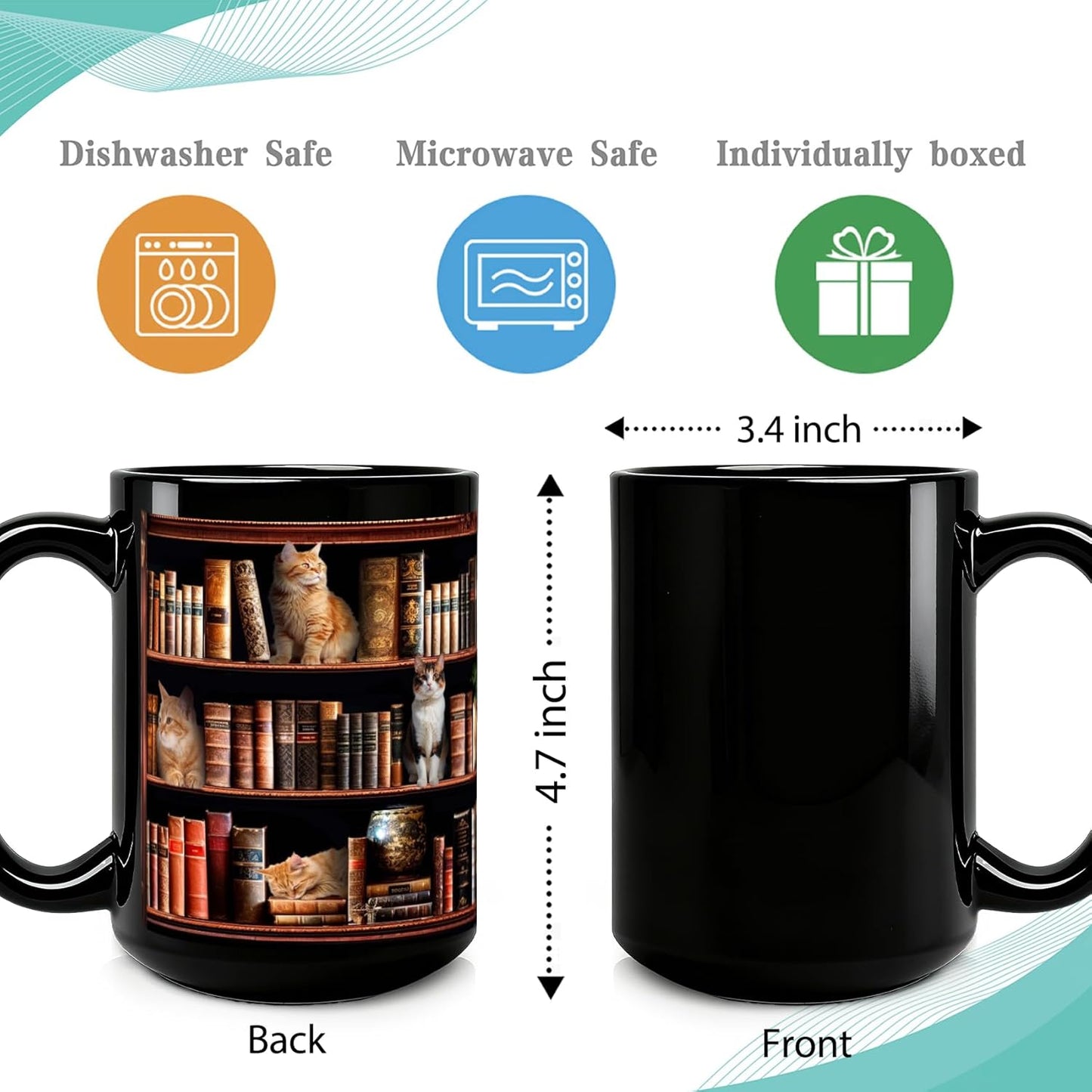 Book Lover Coffee Mug 15oz - Unique Library Gift for Readers, Bookworms & Librarians - Reading Bookish Items Novelty Ceramic Coffee Cup with Cute Cat and Books Design -46