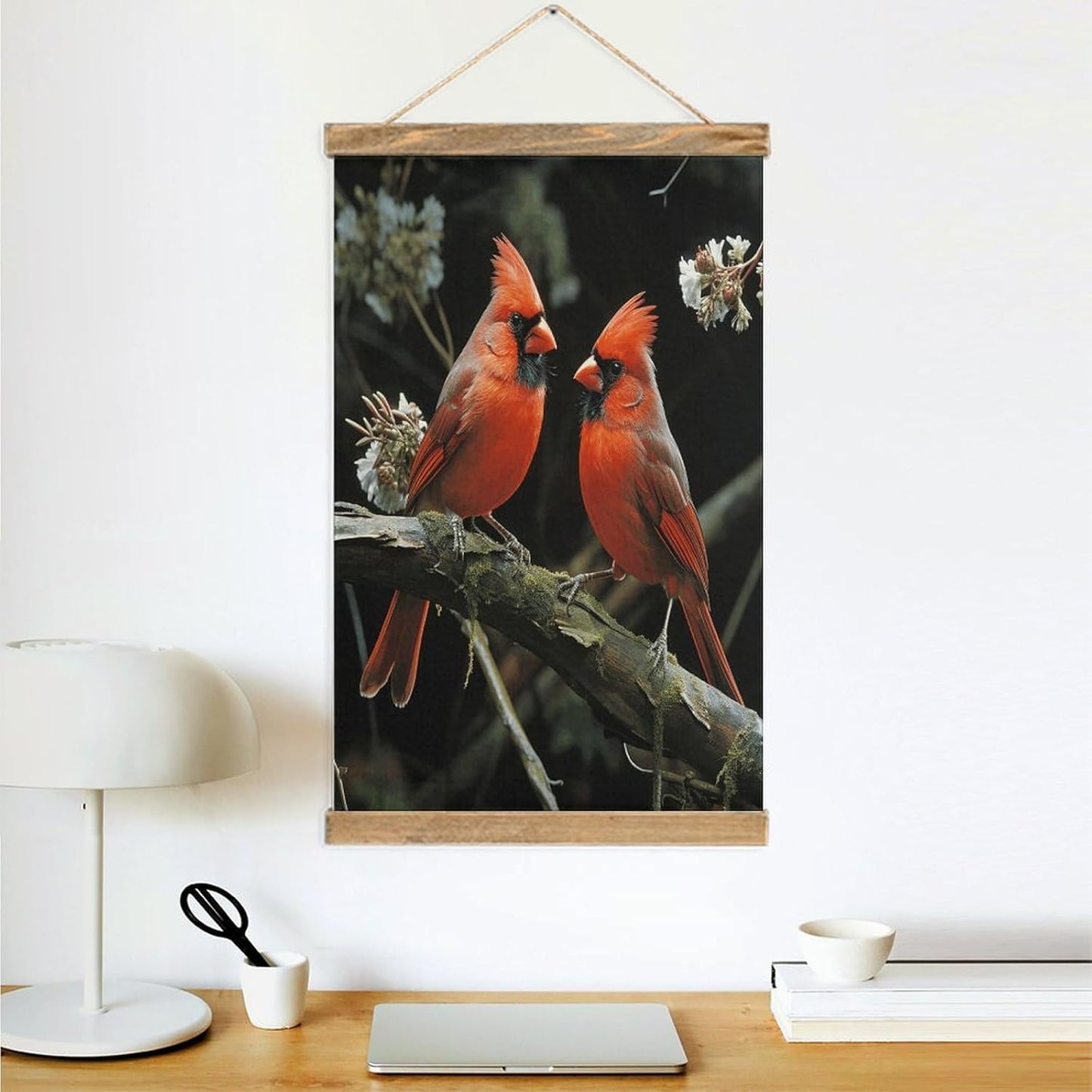 Vintage Cardinals Birds Fauna Wild Poster with Wooden Frame Personalized Linen Hanging Scroll Painting Rustic Wall Hanging Illustrative Modern Artwork Decor for Home Living Room Bedroom Office