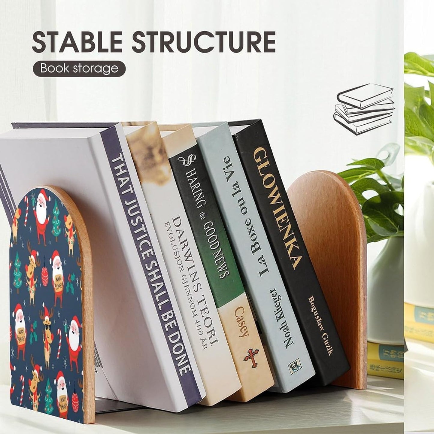 Santa Claus Christmas Wooden Bookend Non-Slip Book Ends Heavy Duty Book Stopper with Metal Base Books Holderd Decorative Bookends Stands Firmly for Office Supplies