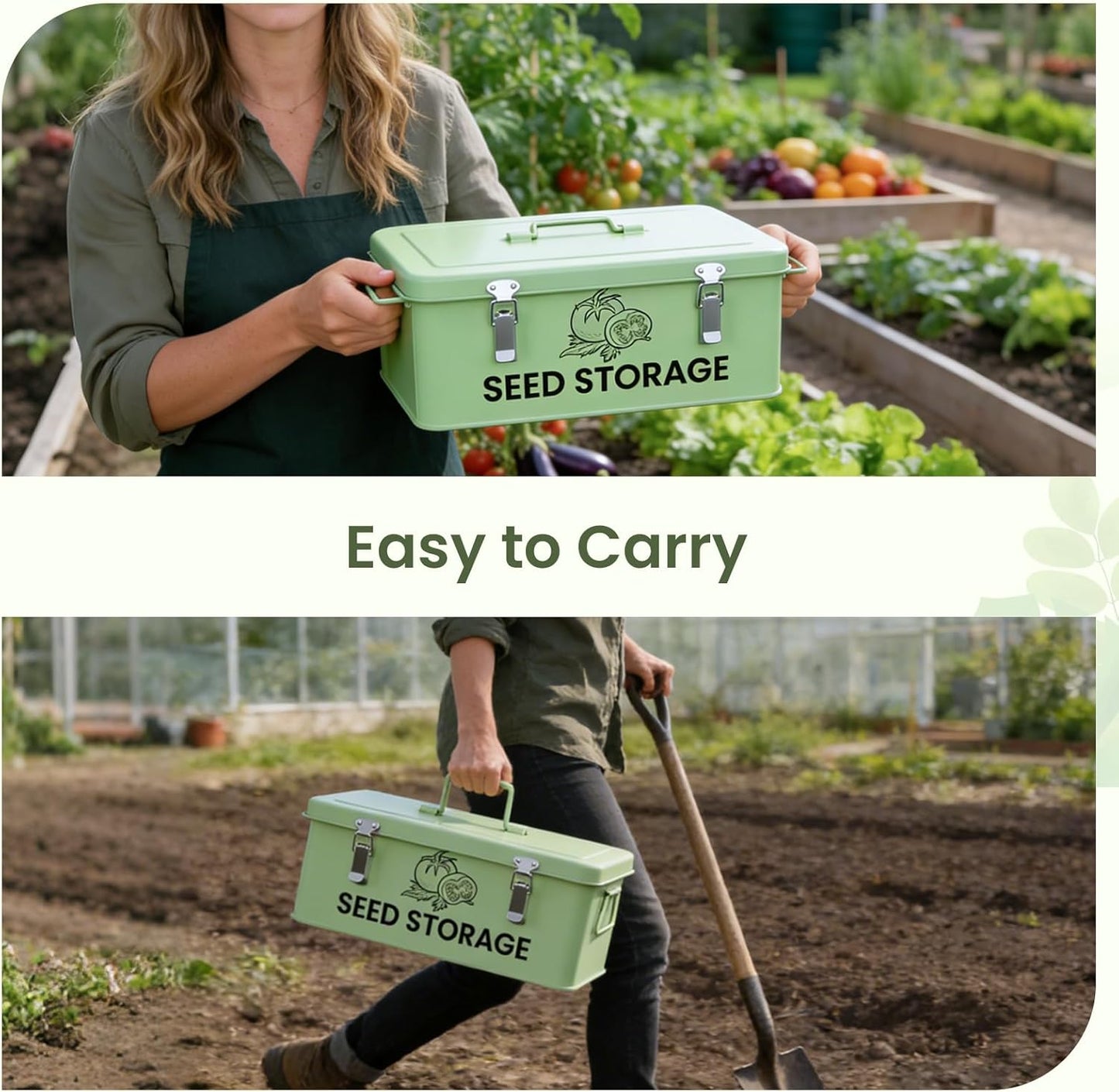 Seed Storage Organizer Box, Metal Seed Box, Garden Seed Organizer with Lid, Seed Containers Storage with 4 Compartments, 30 Seed Holder Organizers, 100pcs Seed Envelopes (Green)