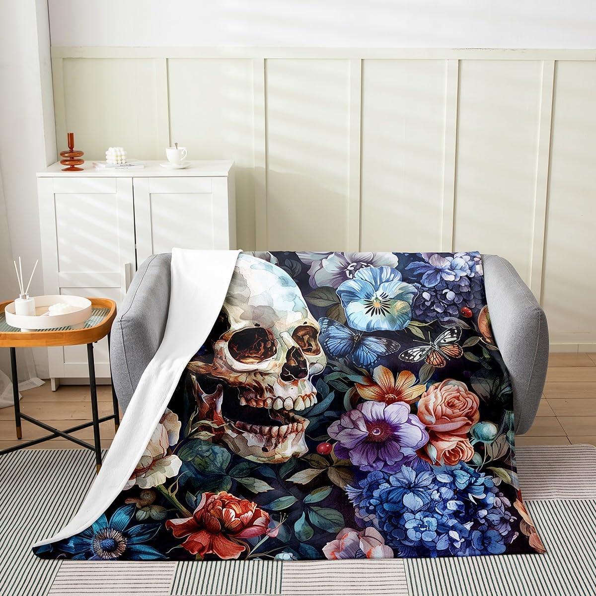 Erosebridal Rose Butterfly Skull Flannel Blanket Throw 50x60 Inch Pansy Hydrangea Leaves Fleece Blanket Flowers Oil Painting Fuzzy Plush Throw Horror Theme Living Room Decor