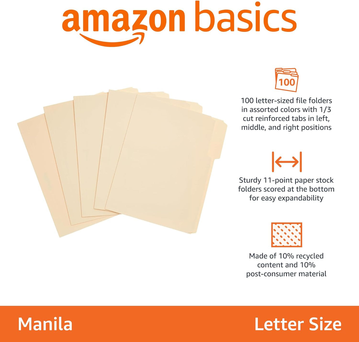 Amazon Basics Sturdy File Folders with Reinforced Tabs for Filing and Organization, 1/3-Cut Tab, Assorted Positions, Letter Size, 8.5x11 inches, Manila, 100-Pack