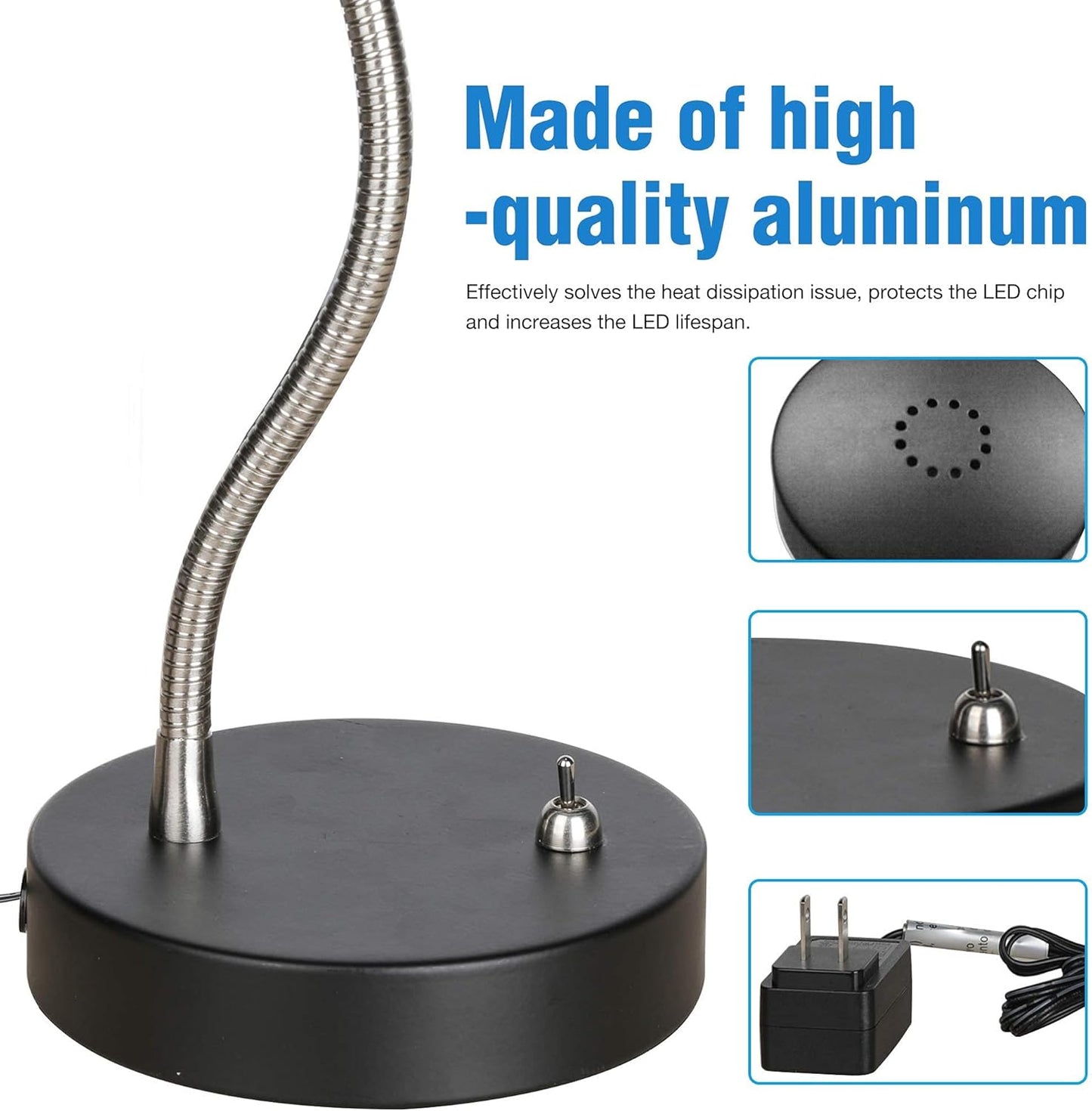 19.25" Flexible Gooseneck LED Desk Lamp, Plun-in Table Light with Stable Base, 4.5W 260LM 4000K, 65” Cord Small Desk Light for Home Office, Study, ETL Listed
