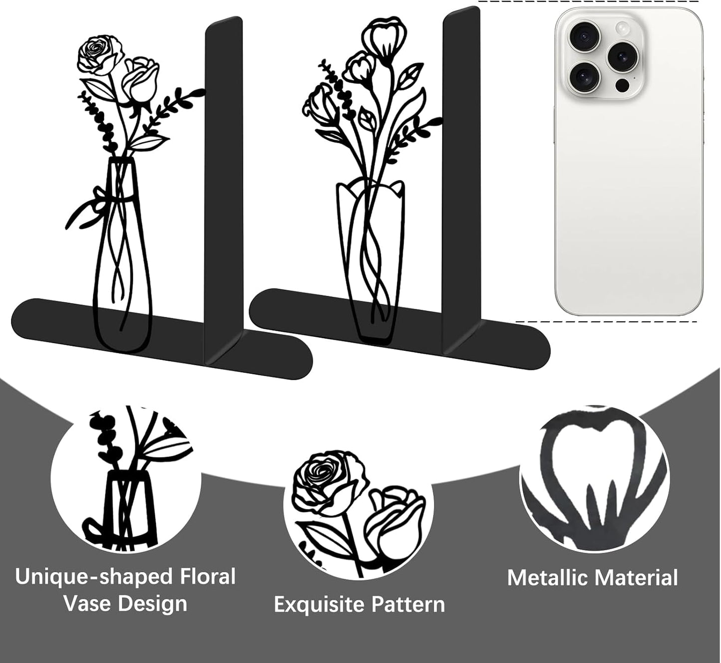 4 Pcs Floral Metal Bookends - Flowers Book Ends for Shelves Decorative, Home Office Desk Bookshelf Decor, Gift for Floral Lovers and Reading Enthusiasts, Reading Gifts for Women