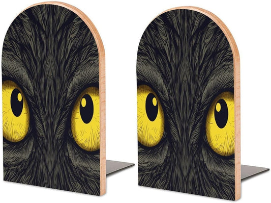 Two Yellow Eyes Wooden Bookend Non-Slip Book Ends Heavy Duty Book Stopper with Metal Base Books Holderd Decorative Bookends Stands Firmly for Office Supplies