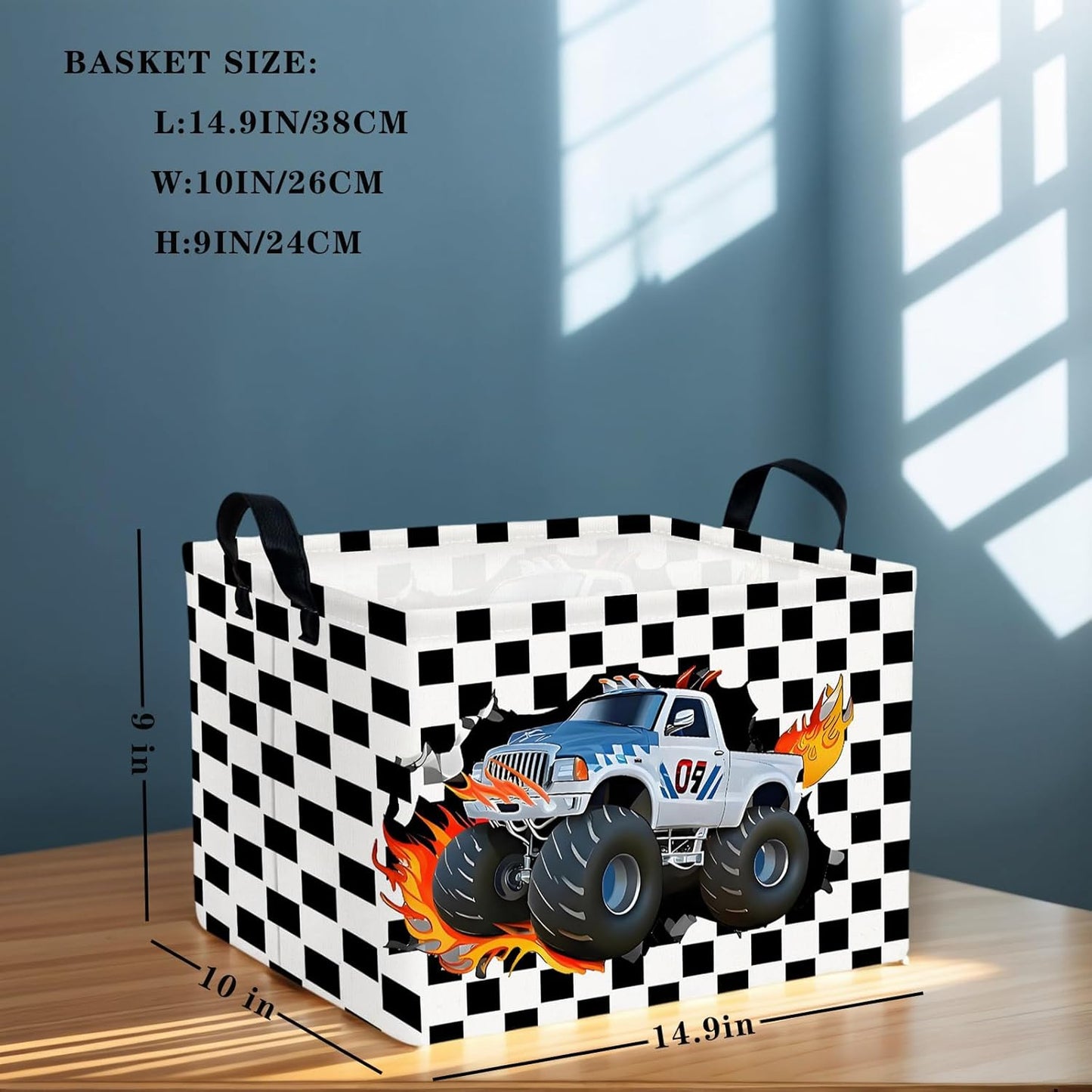 Racing Car Storage Basket Monster Truck Toy Book Shelf Basket Kid Room Decor Gift (Black and White Checkered)