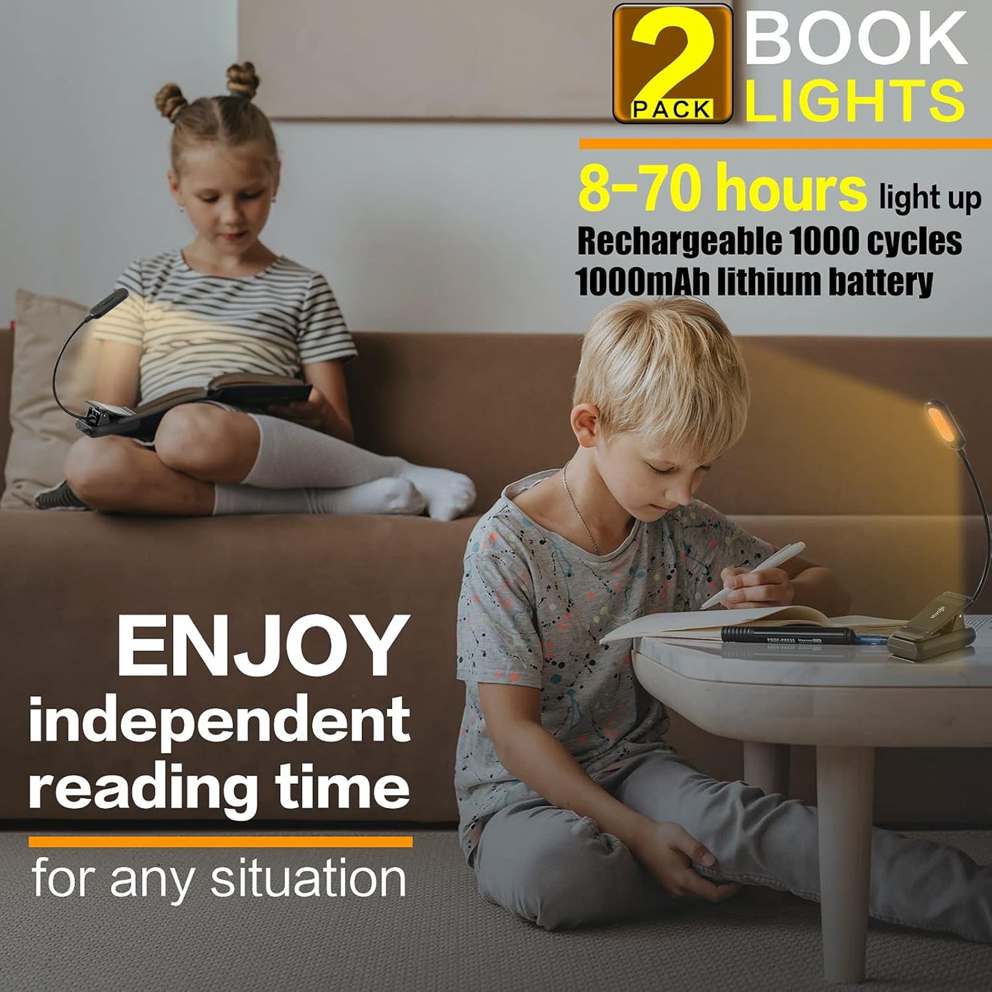 VAVOFO Amber Rechargeable Book Lights, Blue Light Blocking Reading Lights, 7 LEDs Eye Care 9 Colors 9 Brightness Clip On for Bookworms with Power Indicator Lasting 70h (2-Pack, Black)