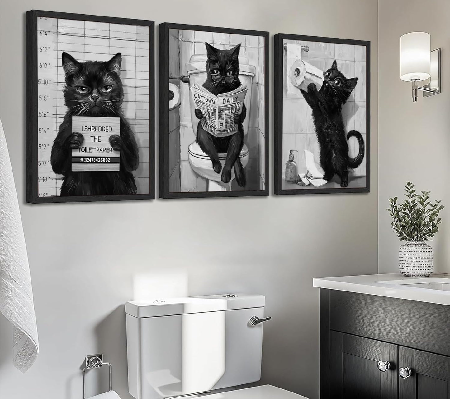 3Pcs Bathroom Black White Cat Wall Art Abstract Cat Reading Newspaper On The Toilet Posters Print Artwork Funny Animal Pictures Wall Decor for Home Restroom Decoration 16x24in Unframed