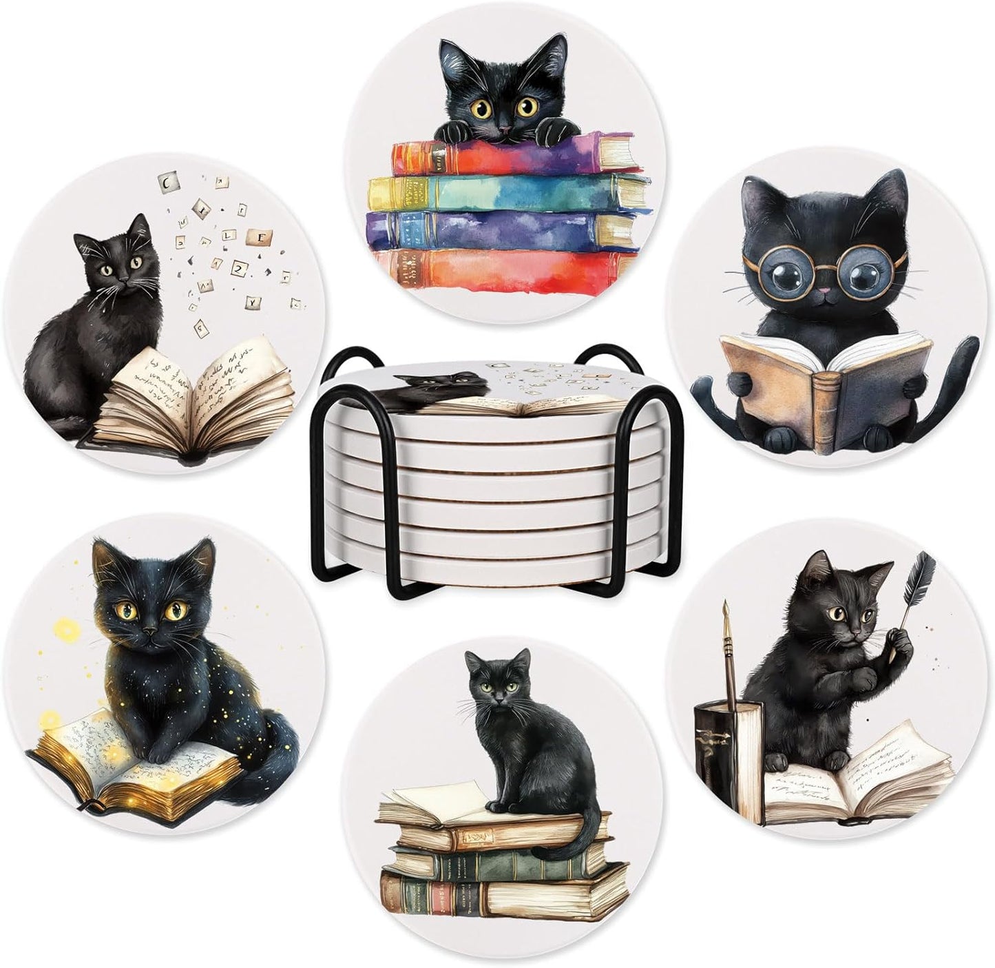 6Pcs Cat Coasters with Holder, Funny Cat Reading Books Ceramic Round Absorbent Coaster for Drink Coffee Table Decor Gifts for Cats Books Lover Bookworms