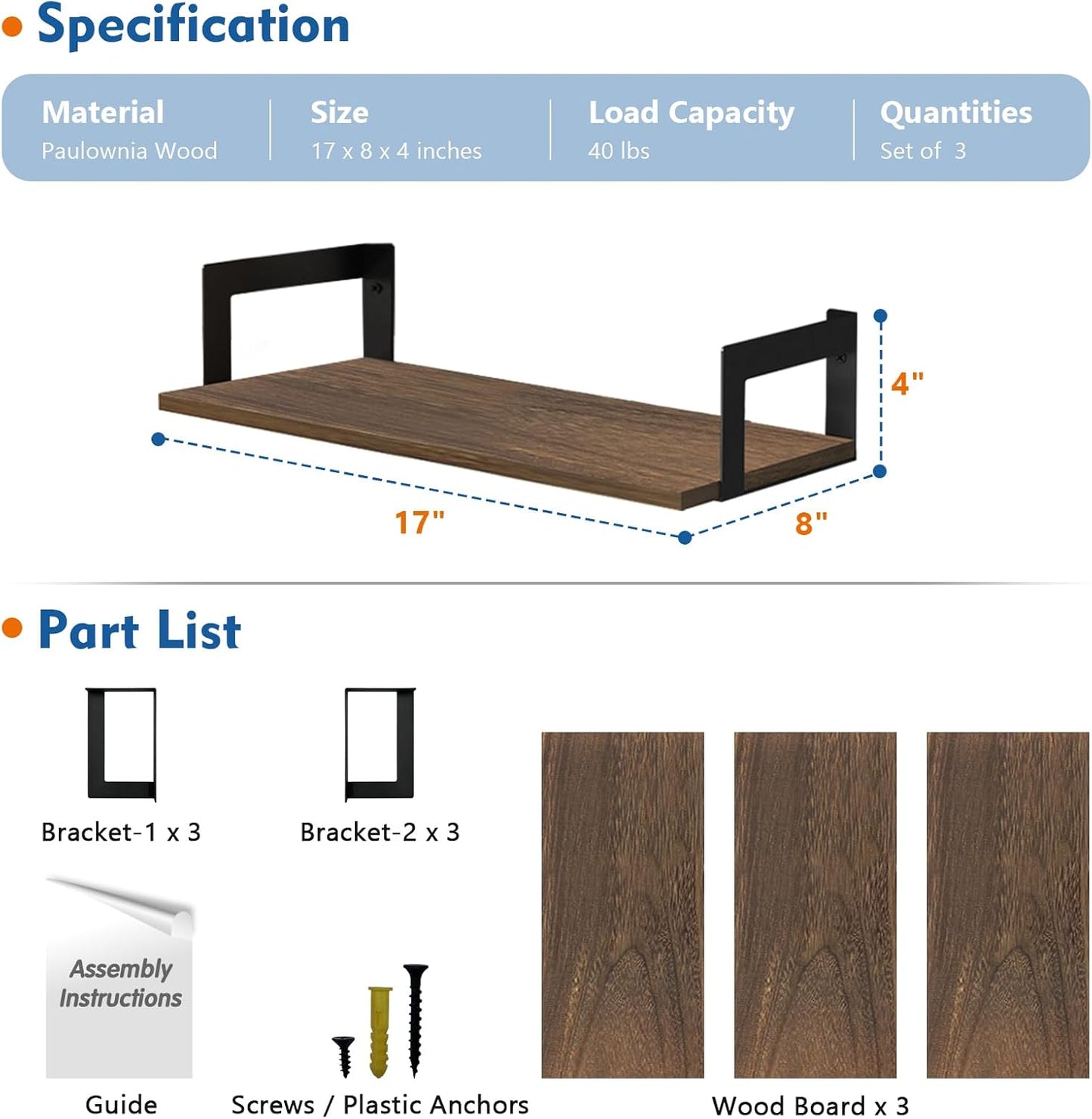 Floating Book Shelves for Wall Set of 3, 17 x 8 Inch Deep Wooden Wall Bookshelf for Bedroom Office, Rustic Wood Hanging Wall Shelves for Living Room Kitchen (Dark Brown)