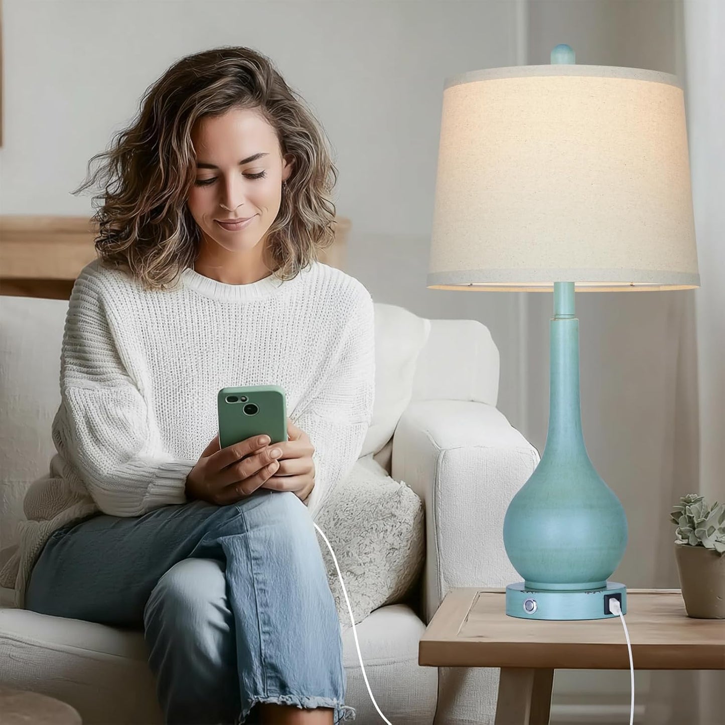 26" Farmhouse Table Lamps for Living Room Set of 2, 3-Way Dimmable Touch Control Bedside Lamp with USB A+C Ports, Retro Blue Nightstand Lamps for Bedroom (2 LED Bulbs Included)