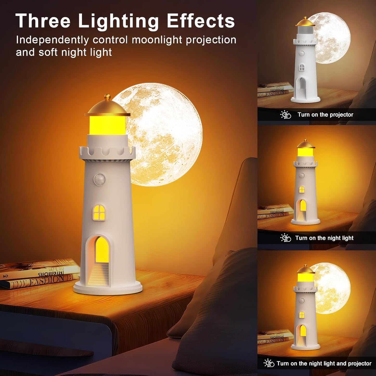 easuntec Moon Projection Night Light Motion Sensor, Rechargeable Dimmable Timer, Moon Lamp Auto On/Off for Bedroom, Nursery, Kids, Adults, Moon Lighthouse Gifts for Girls Boys (Warm White)