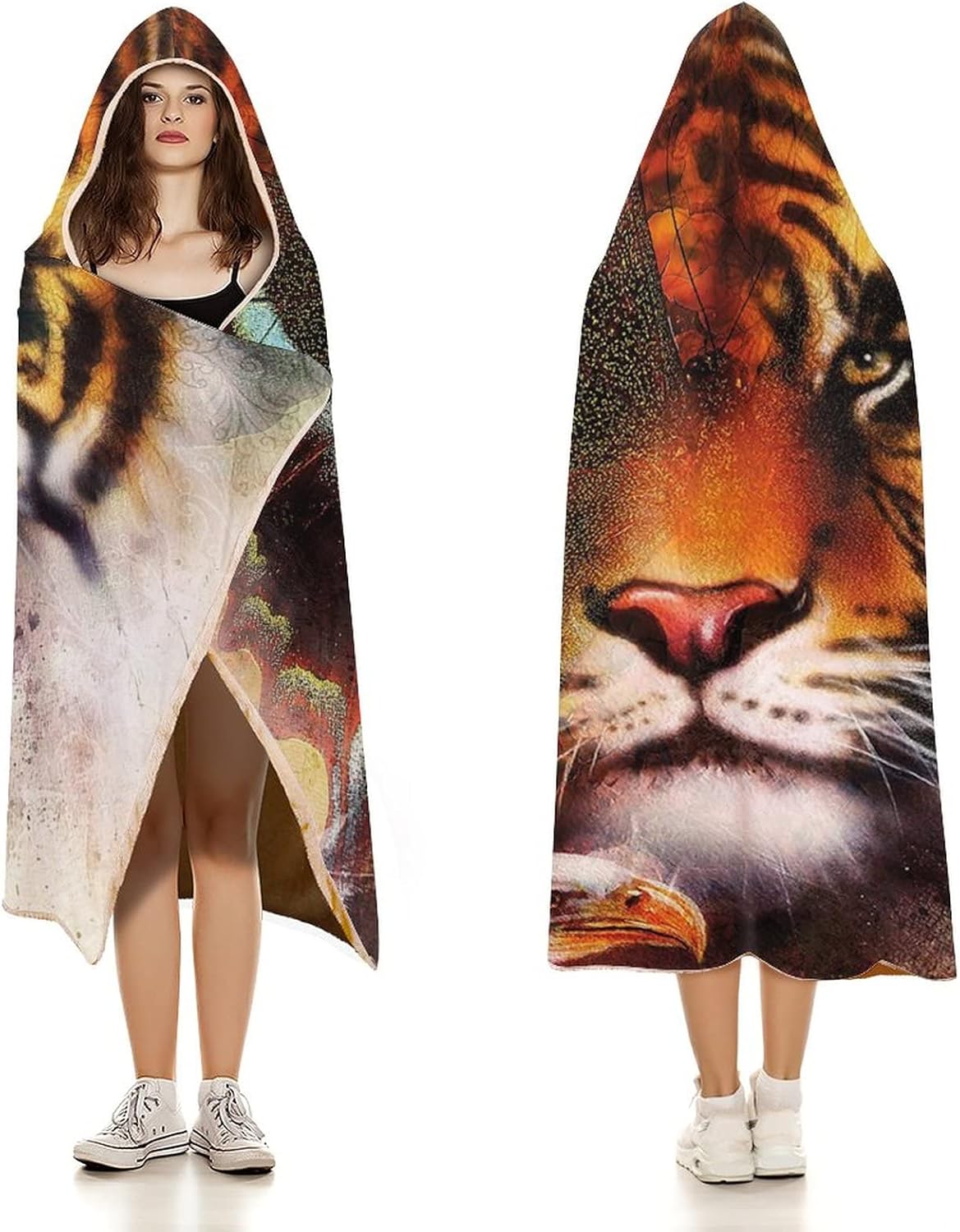 Throw Blankets, Tiger Wearable Hooded Blanket for Adults, Various Symbols of Nature Large Bengal Bald Eagle, Soft Warm Cozy, 40 x 50inches, Studying Reading Snuggling Napping Office, Multicolor
