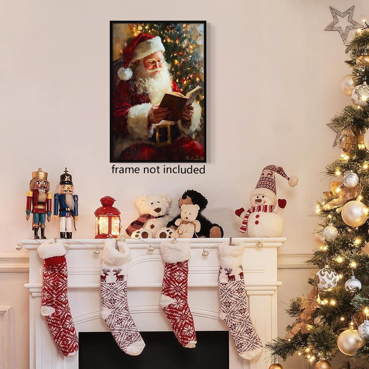 Vintage Christmas Canvas Wall Art, Santa Antique Oil Painting, Santa Claus Reading Booking Poster, Merry Christmas Poster Hobby Lobby Santa Picture, Xmas Wall Decorations Gifts 12x16in Unframed