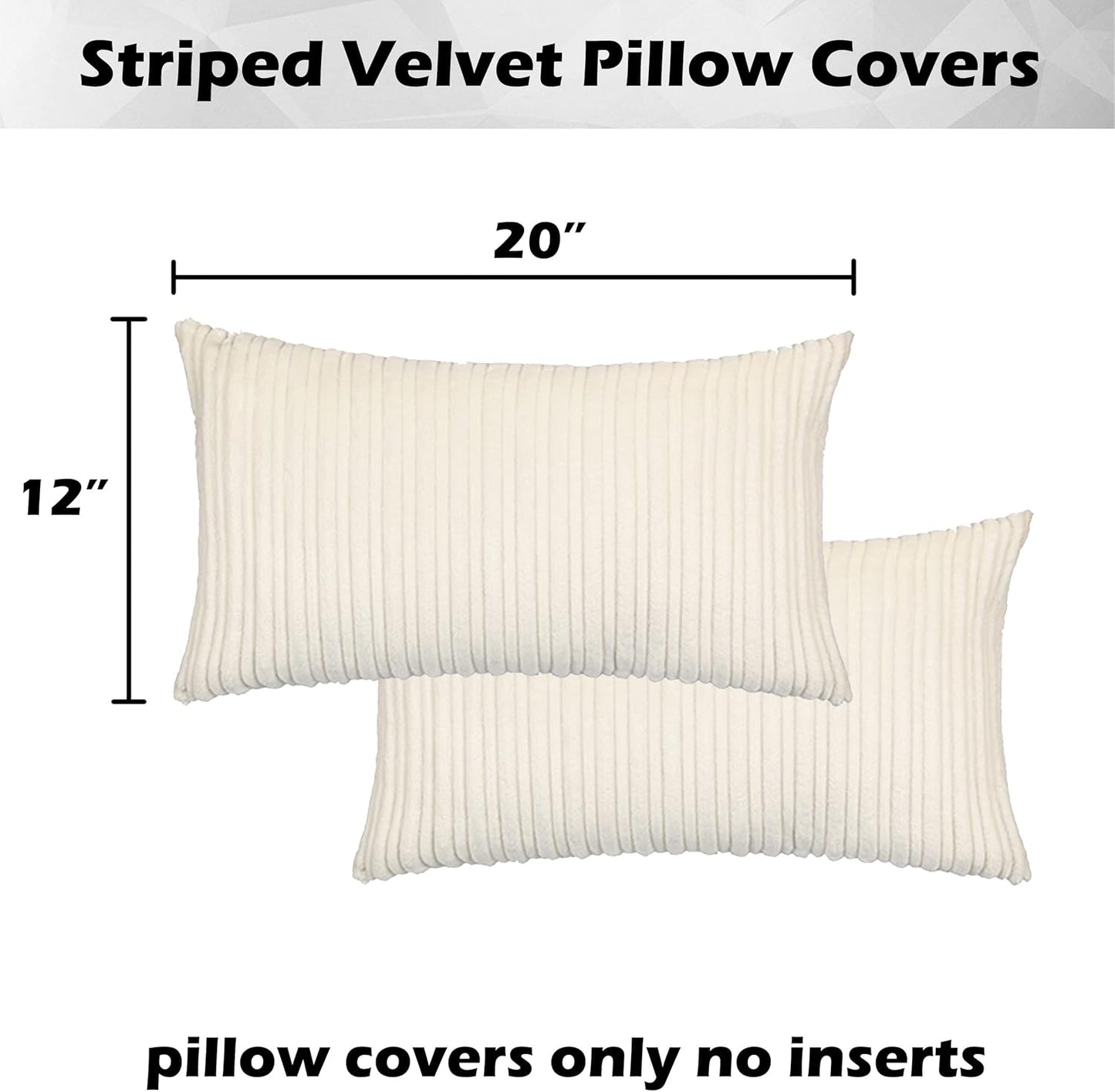 Kevin Textile Set of 2 Oblong Pillow Covers Christmas Plush Striped Corduroy Velvet Rectangular Lumbar Throw Pillow Case 12x20 Cushion Cover for Chair, 30 x 50cm, Creamy White