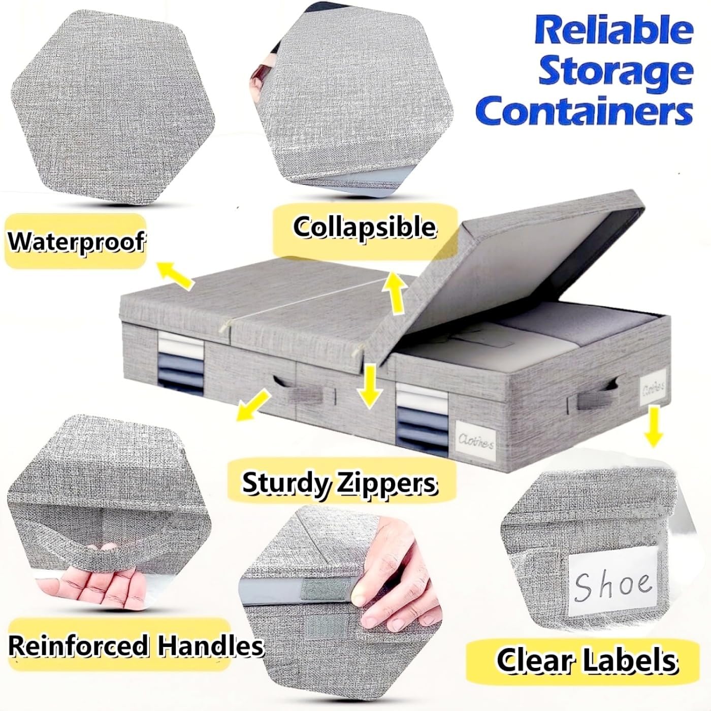 Under the Bed Storage Containers Bin with Lids, 2 pack Large Underbed Storage Organizer Box 6 Inch High with Clear Window and Zipper, Foldable Under Bed Must Haves for Clothes, Blankets, Shoes-Grey…
