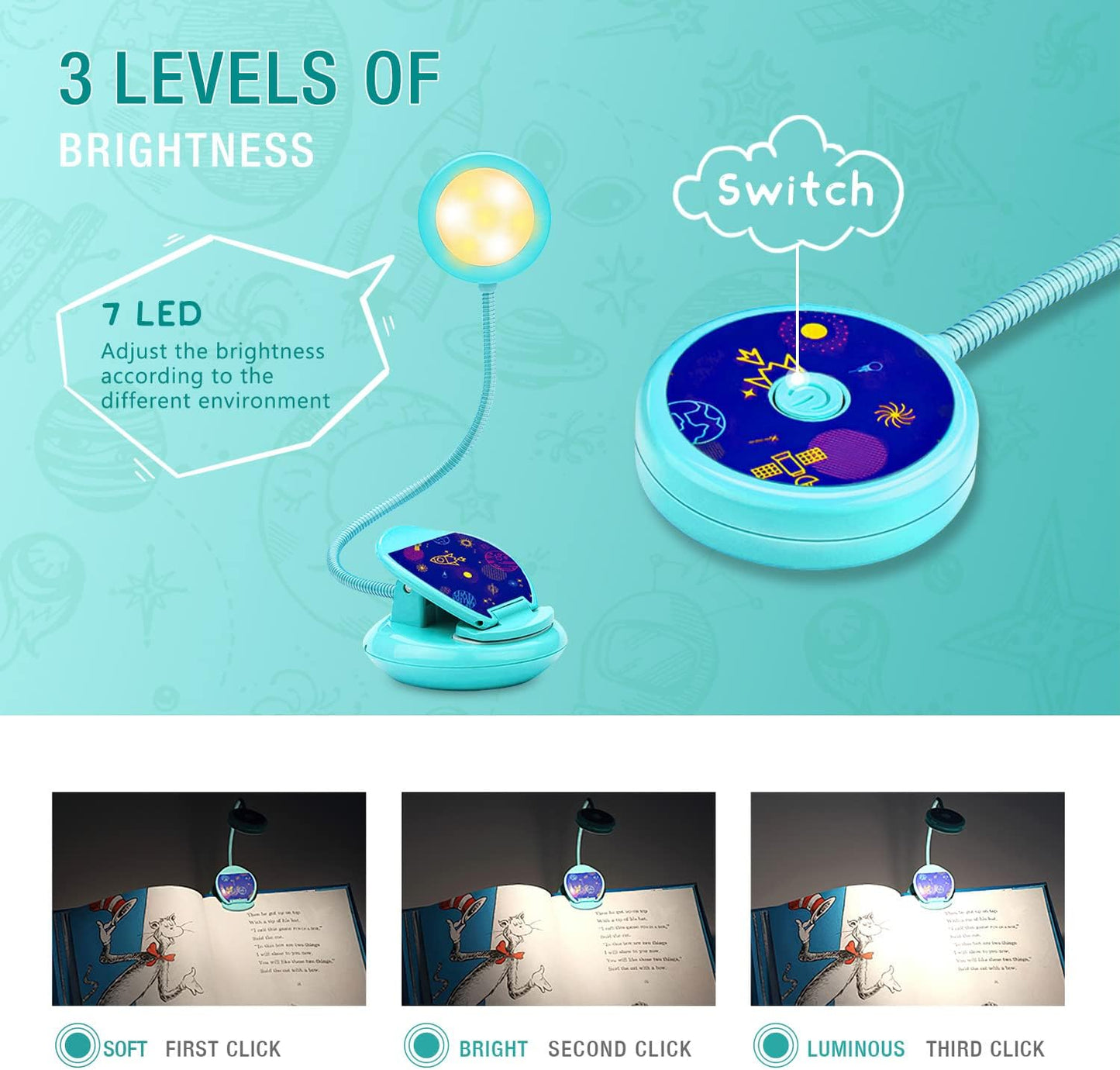 Vekkia Cute Rechargeable Book Light,Eye Caring Reading Light for Kids Clip on, 3 Colors & 3 Brightness, 1.8oz Super Light Weight, Up to 40 Hours Reading. Great Gifts for Kids & Readers (Blue)