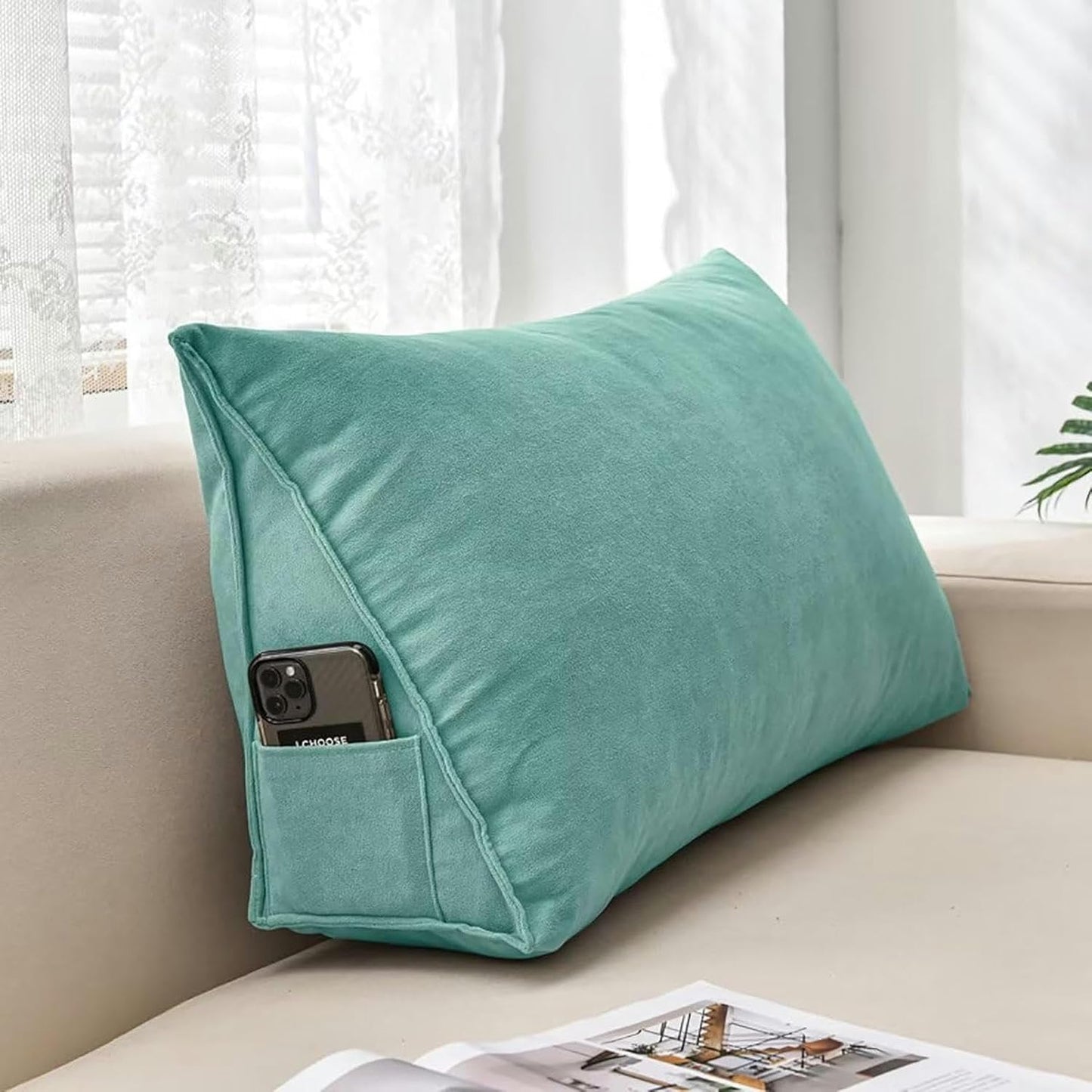 Wedge Pillows Headboard Reading Pillow Triangular Backrest Pillows for Bed Rest Soft Chenille Bolster Cushion Solid Color Daybed Pillow Lumbar Support Leg Positioning, 24x14x8in, Teal