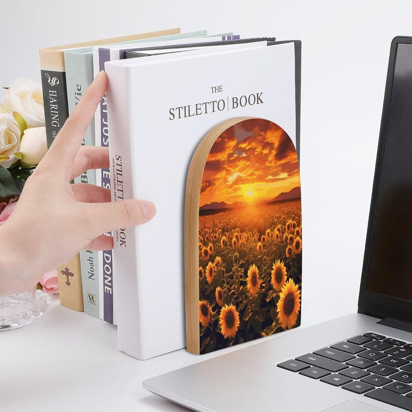 Sunflower Field Sunset Sea of Flowers Bookend for Shelves Wooden Book End Large Size Sturdy Book Holders Stoppers with Metal Base for Bookshelves Slick Decorative Bookends Stands