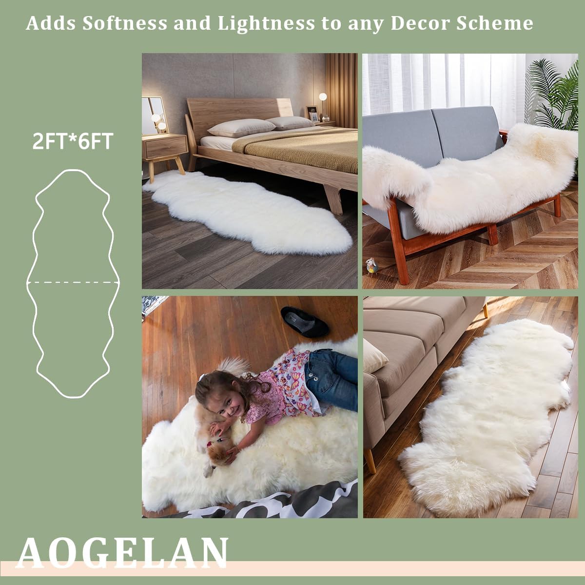 Premium Genuine Sheepskin Rug, Fuzzy Fluffy Shaggy Fur Wool Area Carpet for Soft Fur Pray Pup Mat,Bedroom,Living Room,Chair Sofa Seat Cover,Ivory White, 2' x 6'
