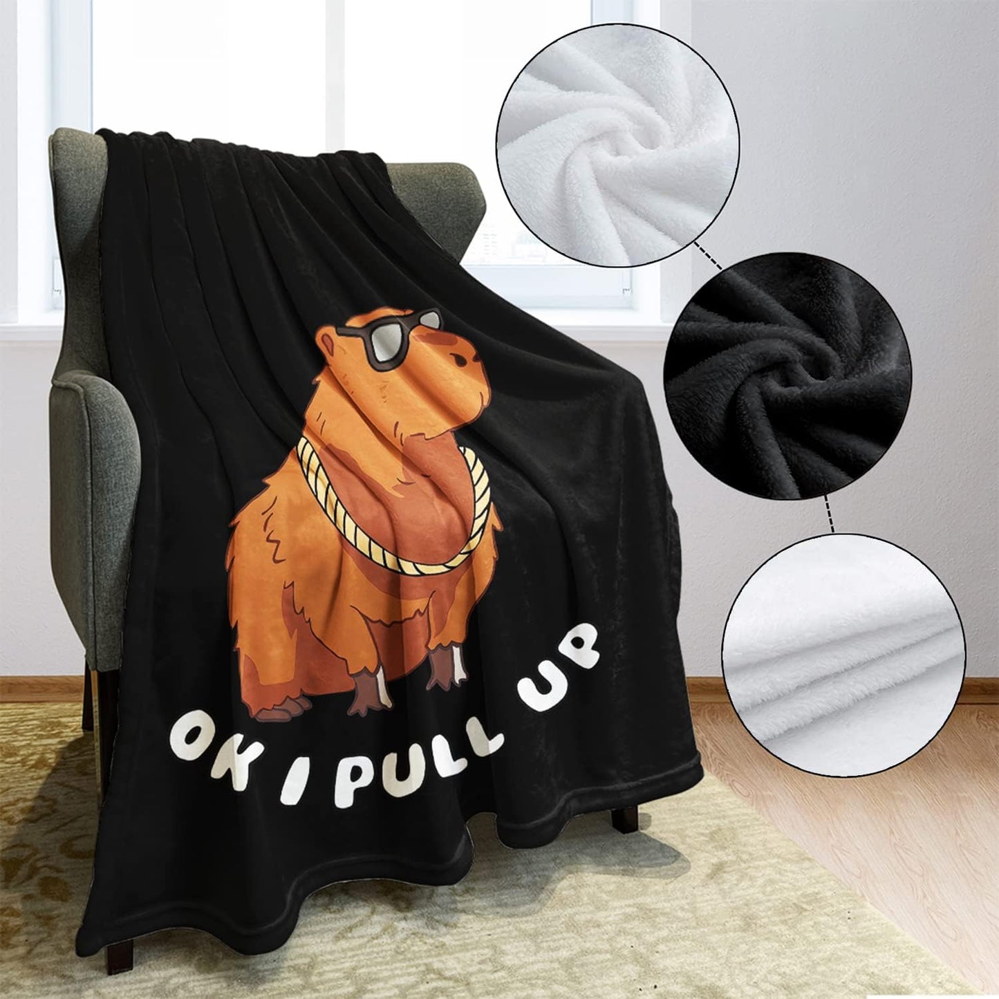 Funny Capybara Throw Blanket, OK I Pull Up Design, Sunglasses Animal Print, Gifts for Capybara Lovers, 60"x80", Black