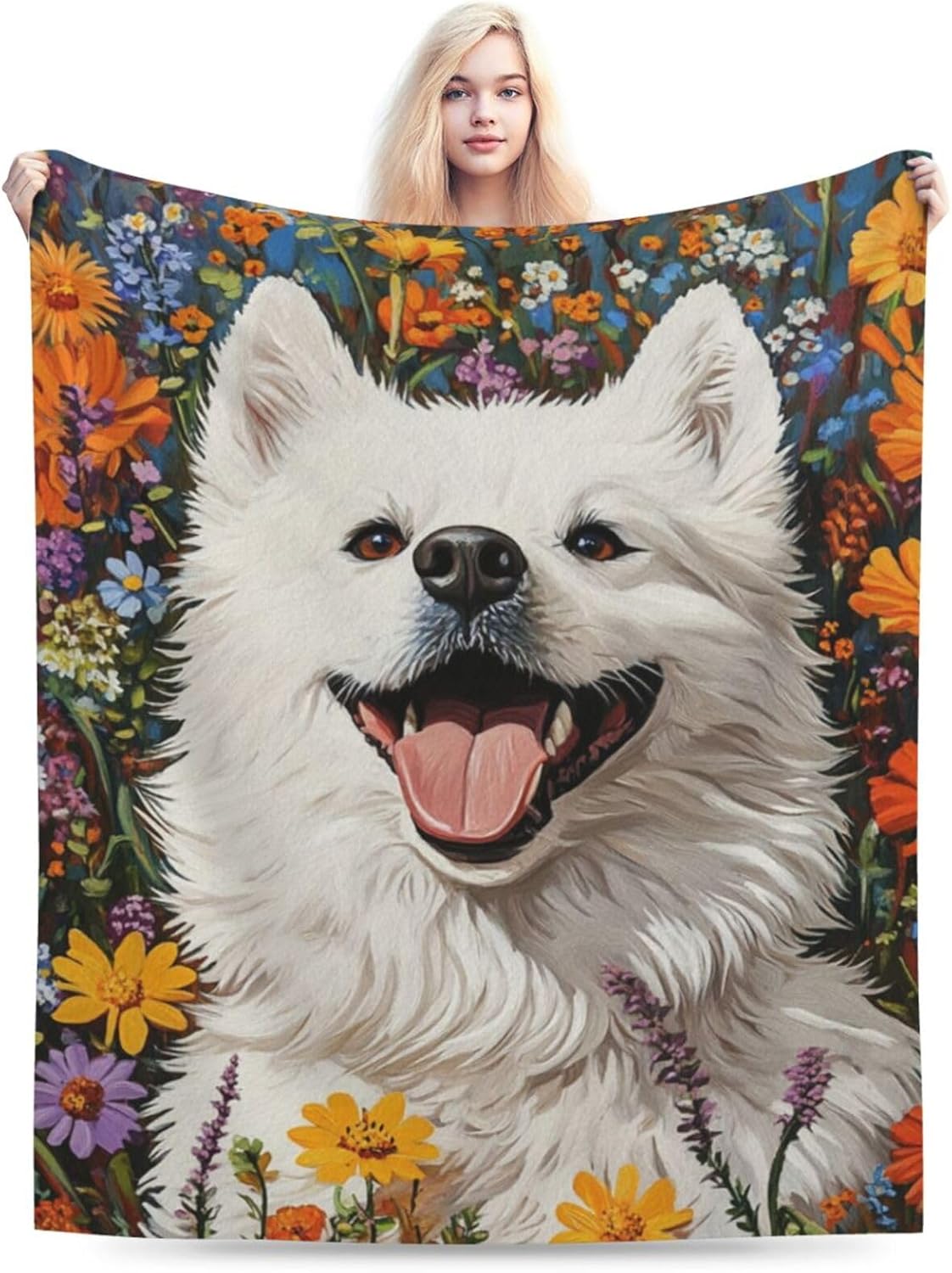 Cute Samoyed Blanket Gifts for Women Girls Kids Dog Lovers, Puppy Flannel Blankets, Warm Cozy Soft Throw for Bedroom, Camping, Couch, Decor 50x60 in