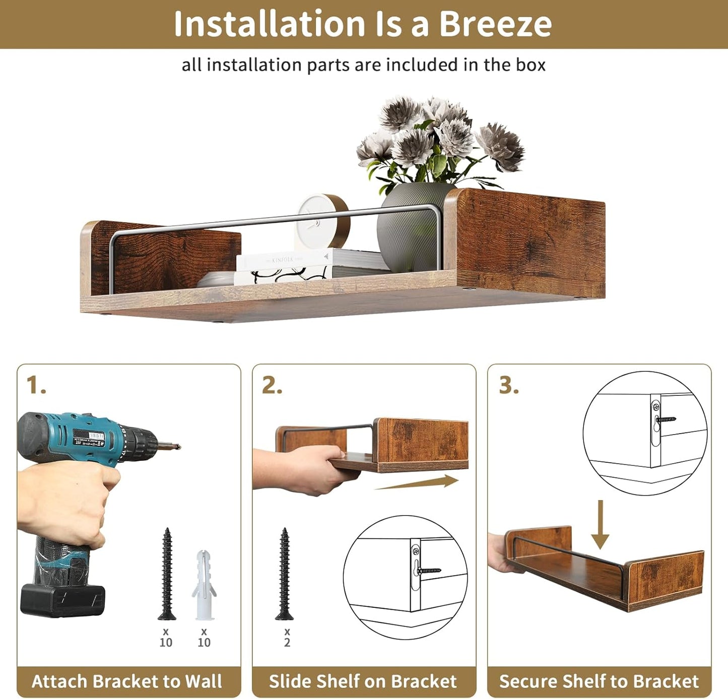 Floating Shelves for Wall, Floating Shelves for Bedroom Kitchen Decor, Wall Mounted Rustic Farmhouse Wood Shelf for Books, Plants, Set of 3 (Rustic Brown)