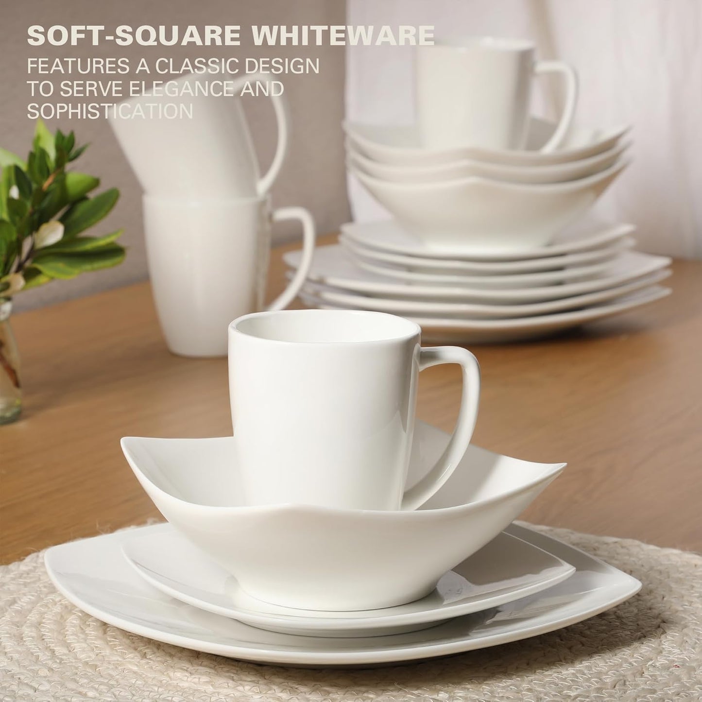 Gibson Home Zen Buffet Porcelain Chip and Scratch Resistant Dinnerware Plates, Bowls, and Mugs Set, Service for 4 (16pcs), White (Square Dishes)