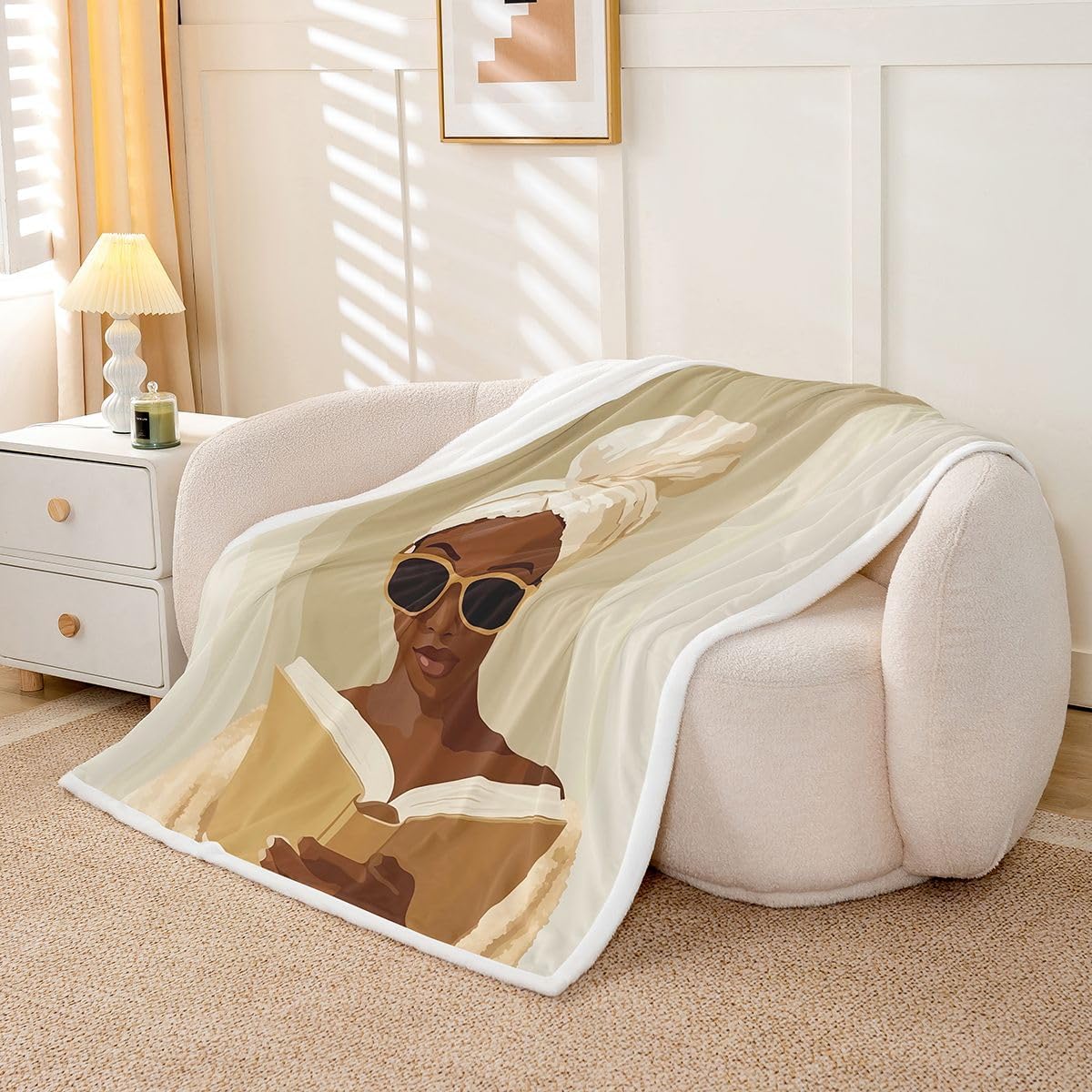 Feelyou Black Woman Sherpa Throw Blanket for Couch African American Super Soft Cozy Fleece Book Blanket for Winter, Plush Throw Throw 50"x60" All Season