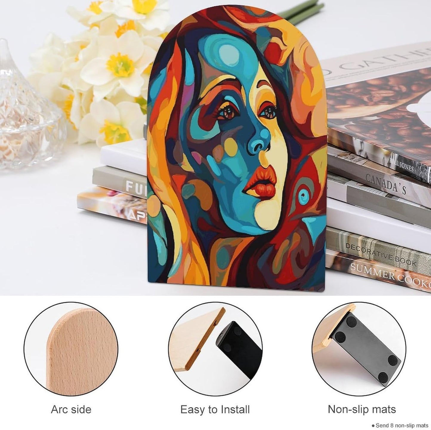 Non-Slip Bookend for Shelves Abstract Colored Woman Face Wooden Bookends with Metal Base Decorative Book Stopper for Home Heavy Duty Wood Book Storage for Books/CDs