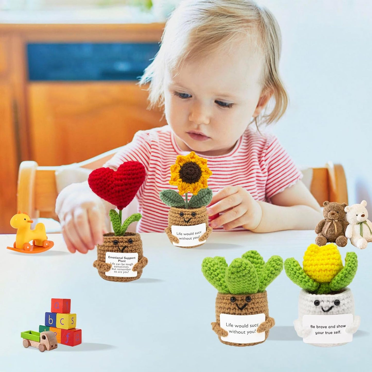 Crochet Positive Plant Set Handmade Knitted Cactus Toy Cute Funny Emotional Positive Life Doll Gifts with Encouraging Card for Coworker Friends Room Decor 4PCS