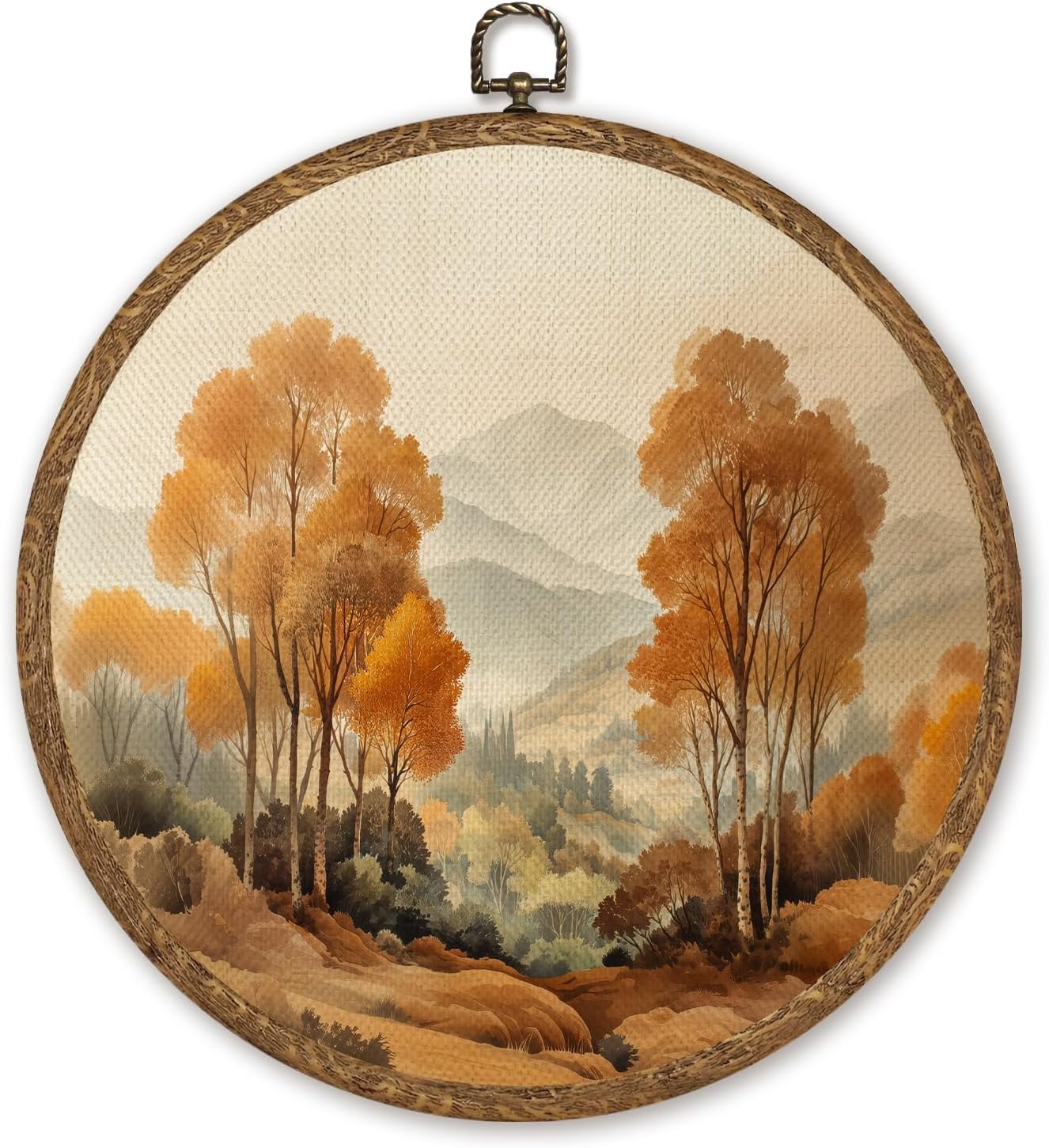 WMSYUO Modern Natural Scenery Wall Art Decor 10x10 Inch Framed, Warm Forest Canvas Prints,Aesthetic Circular Art for Home Living Room, Unique Gift for Friends, Neutral Retro Artwork (Yellow-tree)