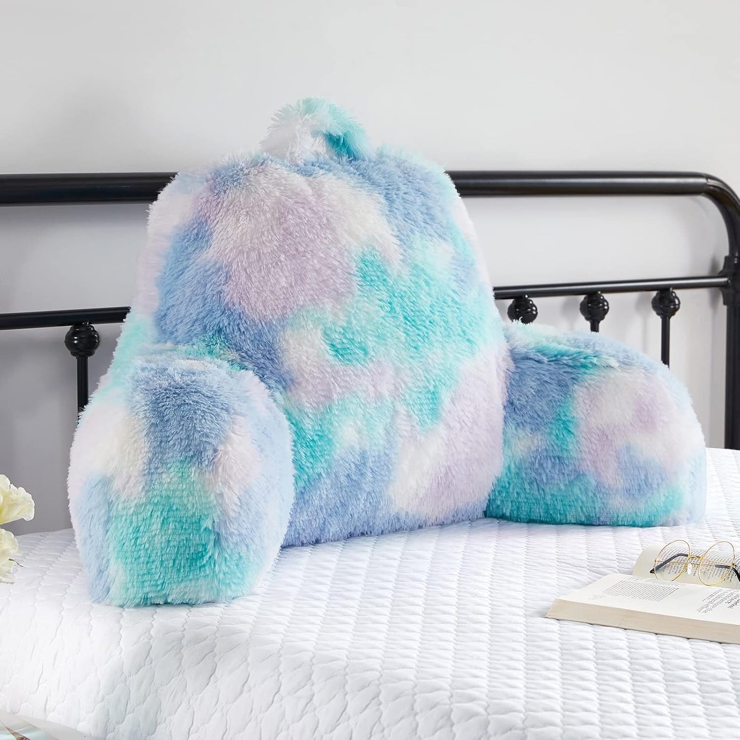 Stylish Ross Fur Adults & Kids Reading Pillow, Cozy Soft Bed Wedge Pillow with Premium Stuffing, Pastel Back Support Pillow Gift, Sit up Bolster Pillow with Arms, Bed Chair Back Cushion