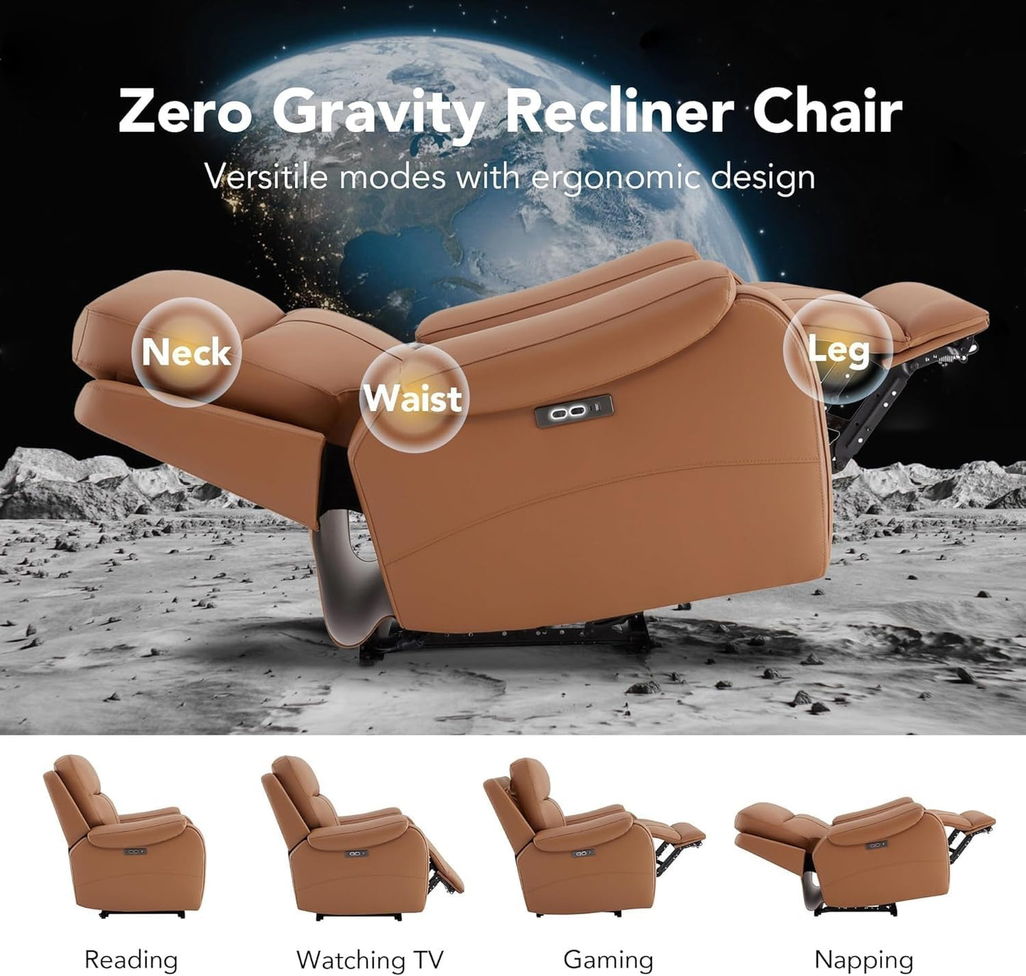 Leather Power Recliner Chair, Luxury Electric Reclining Sofa Lounge with Hidden Slide-Out Cup Holders, USB and Type-C Charging Ports for Adults Living Room