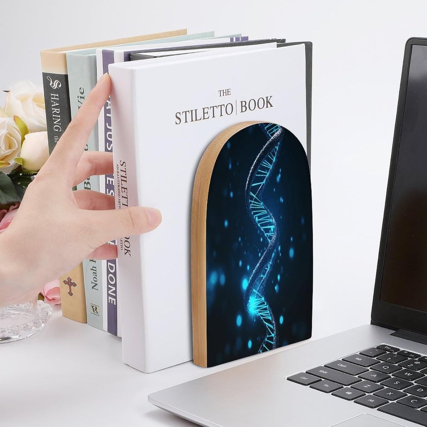 Blue DNA Structure Bookend for Shelves Wooden Book End Large Size Sturdy Book Holders Stoppers with Metal Base for Bookshelves Slick Decorative Bookends Stands