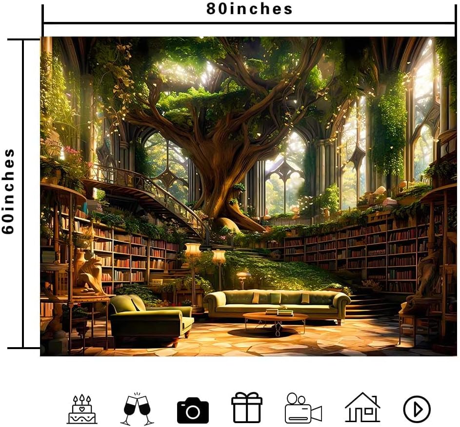 Ine Ive Fantasy Library Tapestry Magic Tree Bookshelf Medieval Palace Tapestries Wall Hanging 80x60inch Fairytale Tree Books Reading Poster Aesthetic for Bedroom Dorm Home Decorations