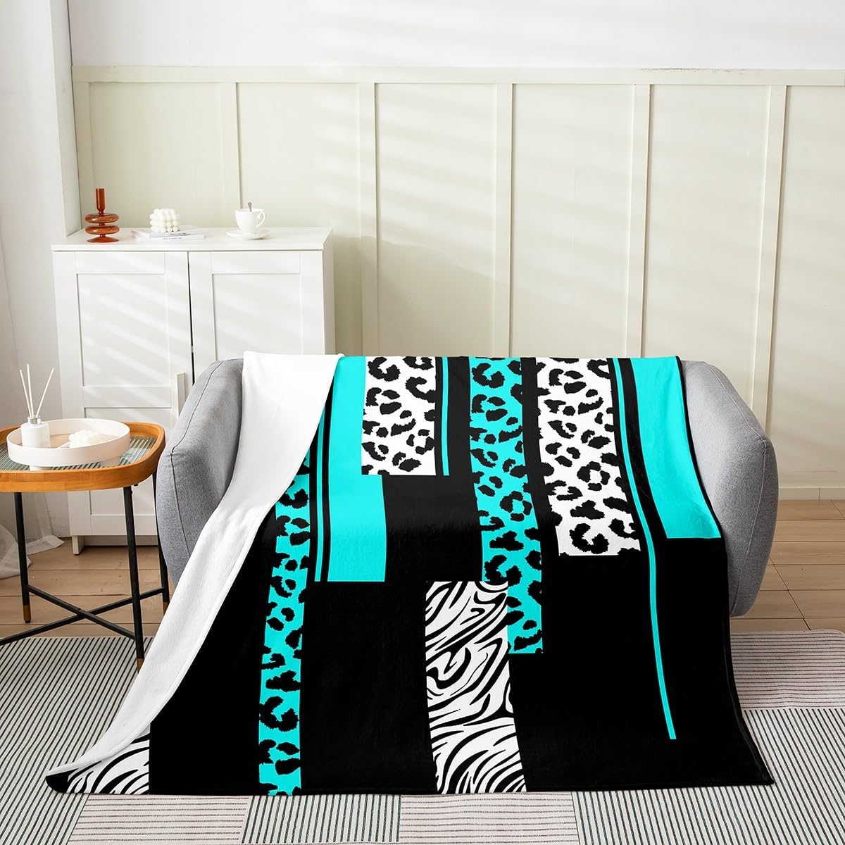 Feelyou Leopard Zebra Plush Throw Blanket, Throw 50"x60" Kids Cheetah Teal White Black Flannel Fleece Blanket for Teens Animal Print All Season,Bed Blanket Breathable Safari Geometric Room Decor