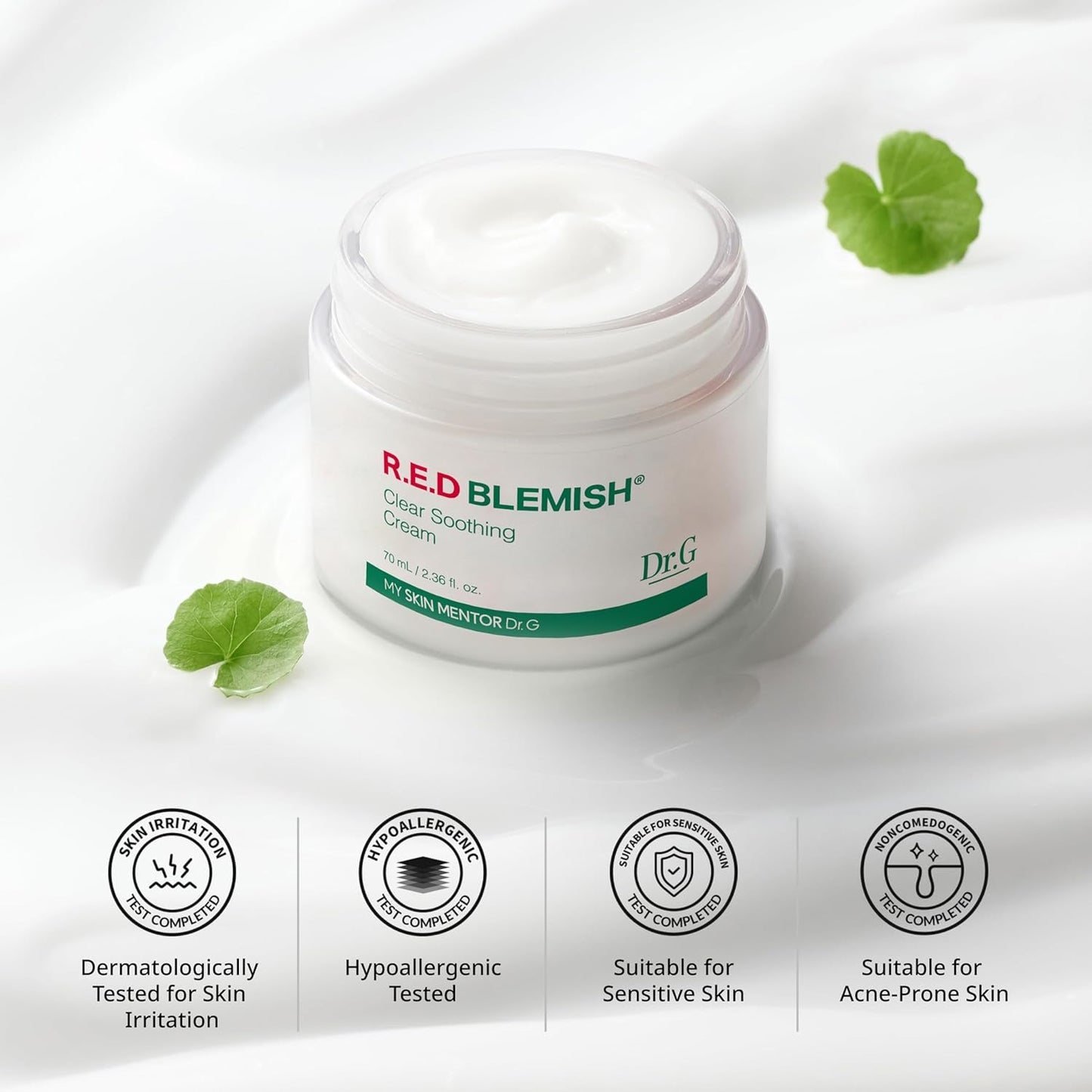 Dr. G R.E.D. Blemish Clear Soothing Cream - Calming Korean Moisturizer for Redness - Soothes Acne & Irritation - With Centella Asiatica - Long-Lasting Hydration - 2.36 fl oz