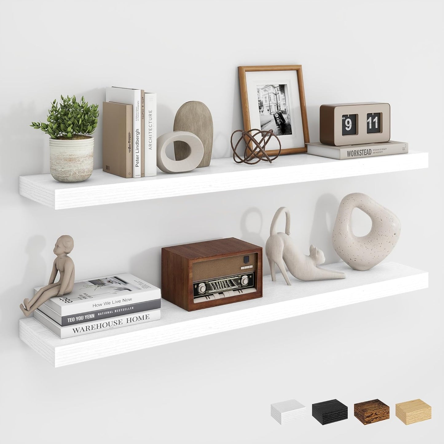 Dreamland 36Inch Floating Shelves for Wall, Rustic Wooden White Floating Shelves for Bathroom|Bedroom|Kitchen, Deep Wall Mounted Book Shelf, Wood Storage Display Shelf for Home Decor, Set of 2