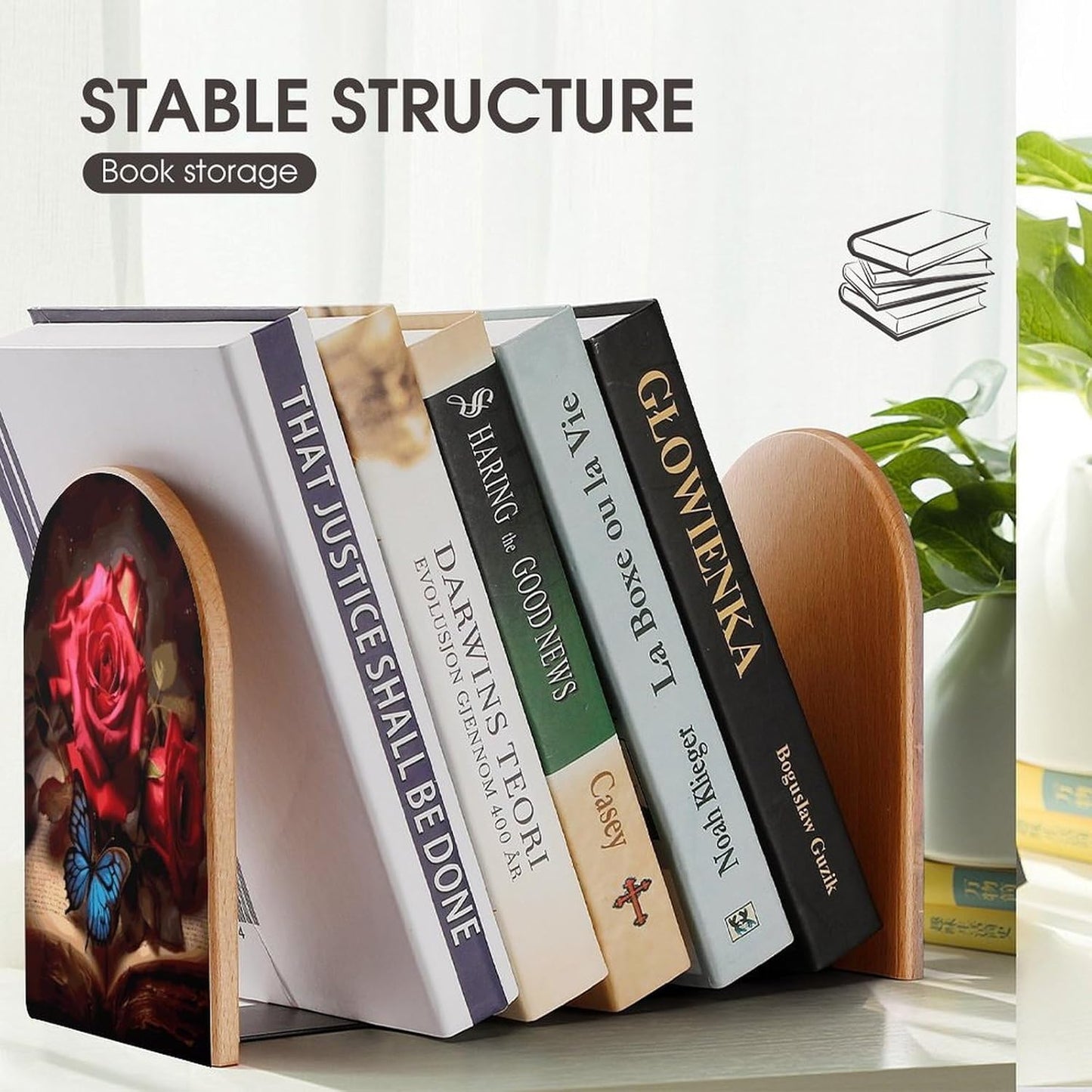 Beautiful Flower Butterfly Roses Bookend for Shelves Wooden Book End Large Size Sturdy Book Holders Stoppers with Metal Base for Bookshelves Slick Decorative Bookends Stands