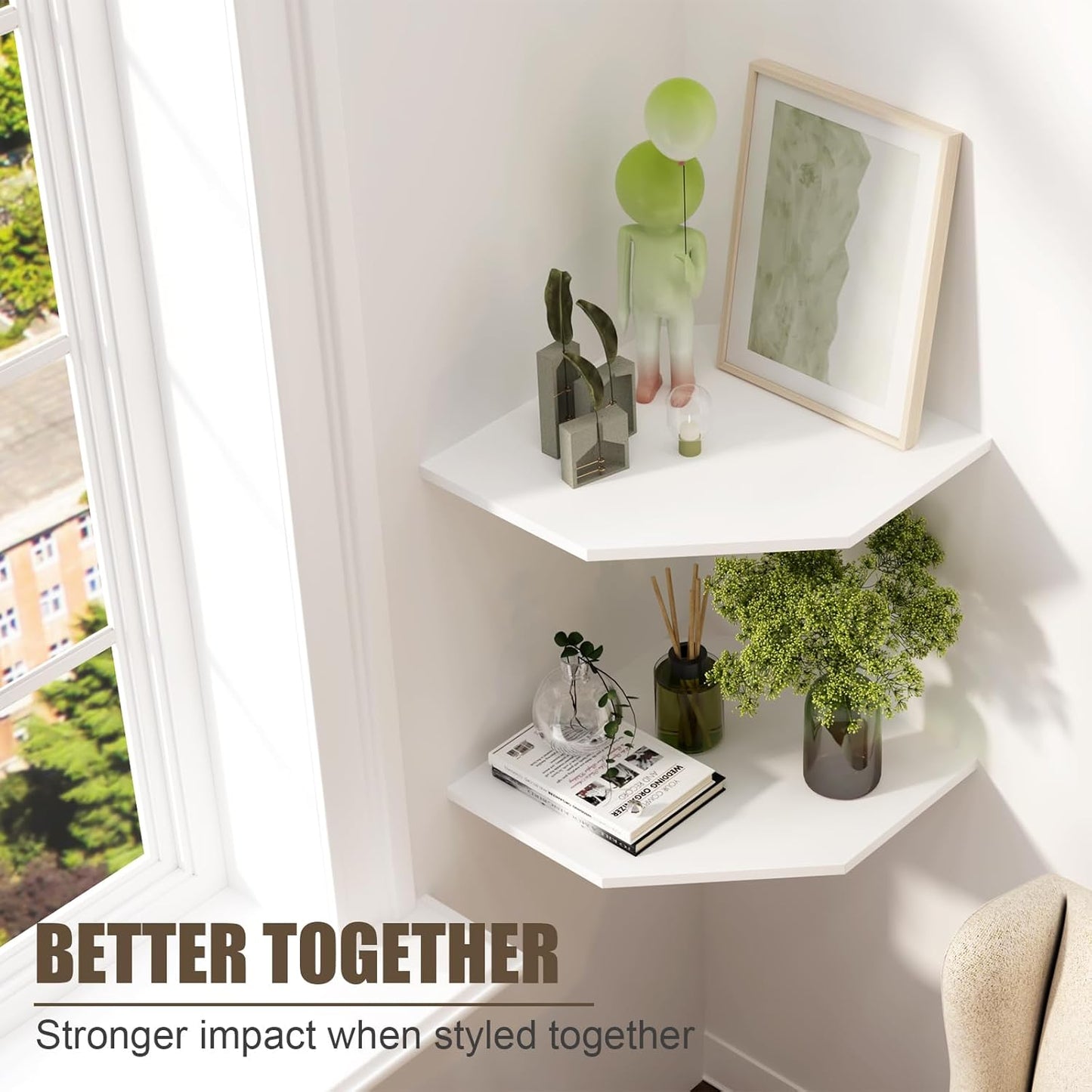 Large Floating Corner Wall Shelf with Cable Management, White MDF, Modern Home Decor, Book Display Storage