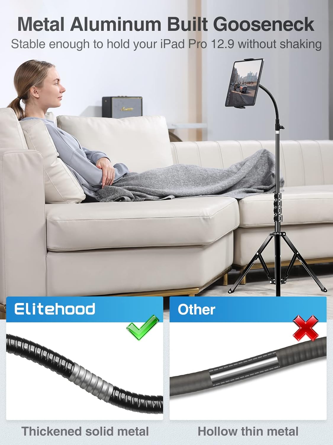 elitehood 72" Adjustable iPad Stand Floor, Heavy Duty Tablet Tripod Stand, Floor Tablet Tripod Holder for iPad Pro 12.9 Mini Air, iPhone and 4.7-13 inches Devices