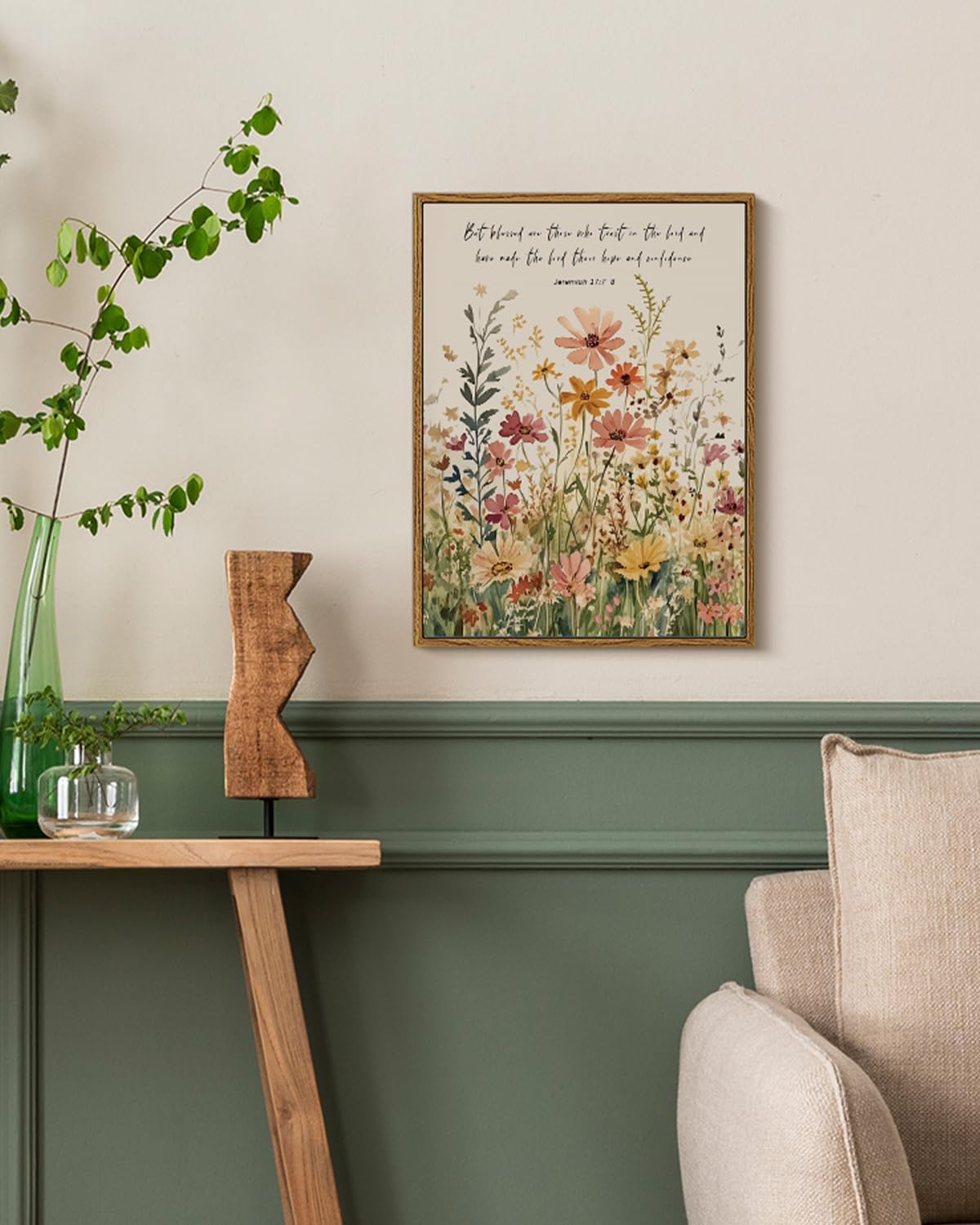 Vintage Inspirational Bible Quote Wildflowers Wall Art, Jeremiah 17:7-8 Christian Scripture Framed Canvas Print 12x16, Rustic Watercolor Floral Design Religious Decor for Bedroom Farmhouse