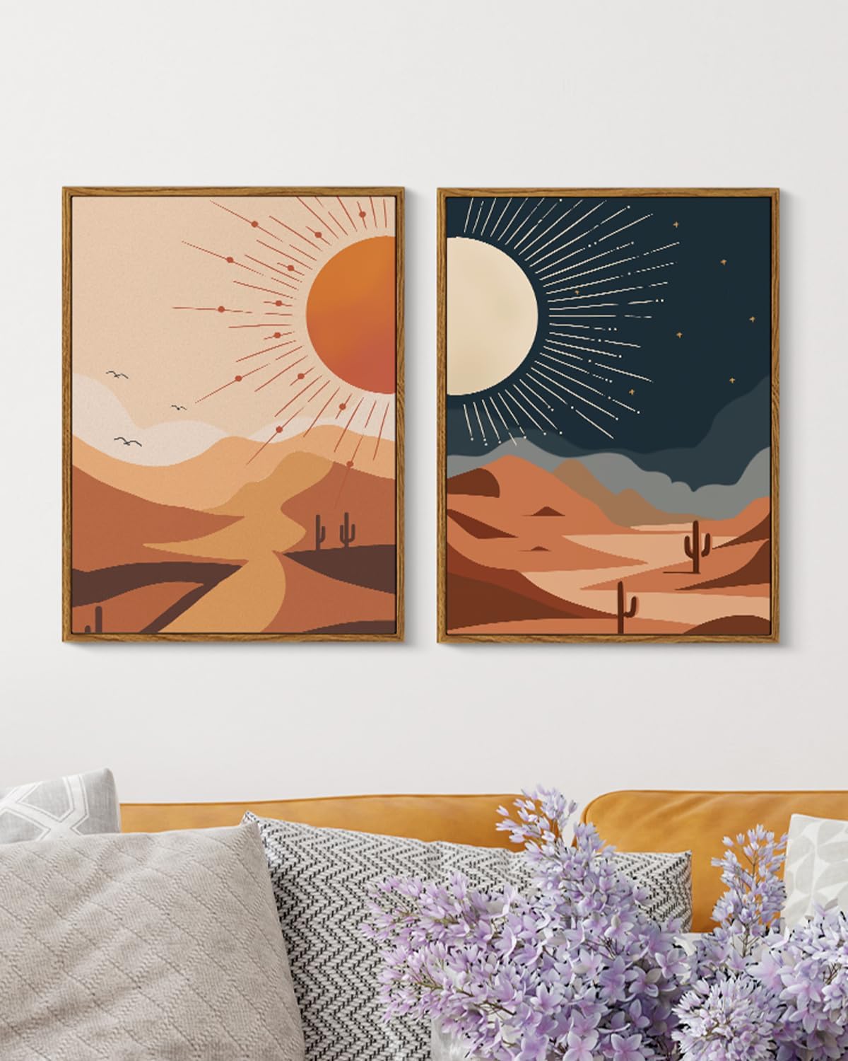 Boho Sun and Moon Wall Art Set 2 Piece Framed Canvas Prints, 12x16 Day & Night Abstract Modern Desert Landscape Artwork, Terracotta Minimalist Warm Earth Tones Bedroom Entryway Bathroom Decor